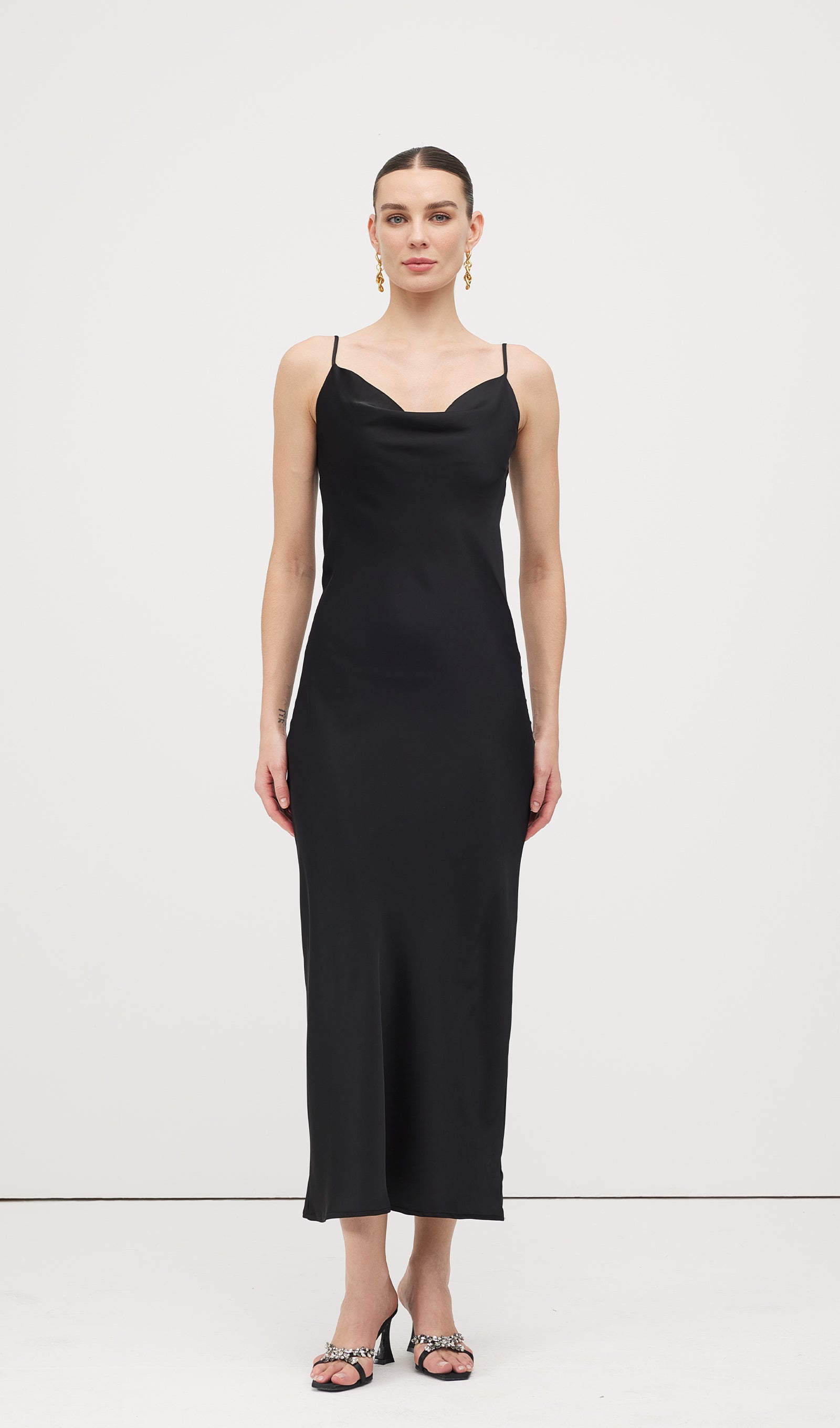 Swing Neck Satin Slip Midi Dress