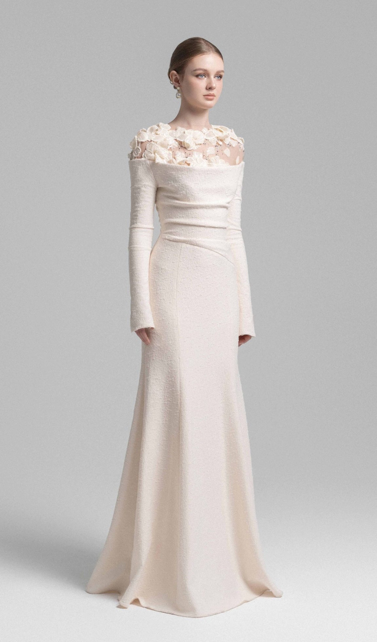 Draped Crystal Midi Dress In Cream