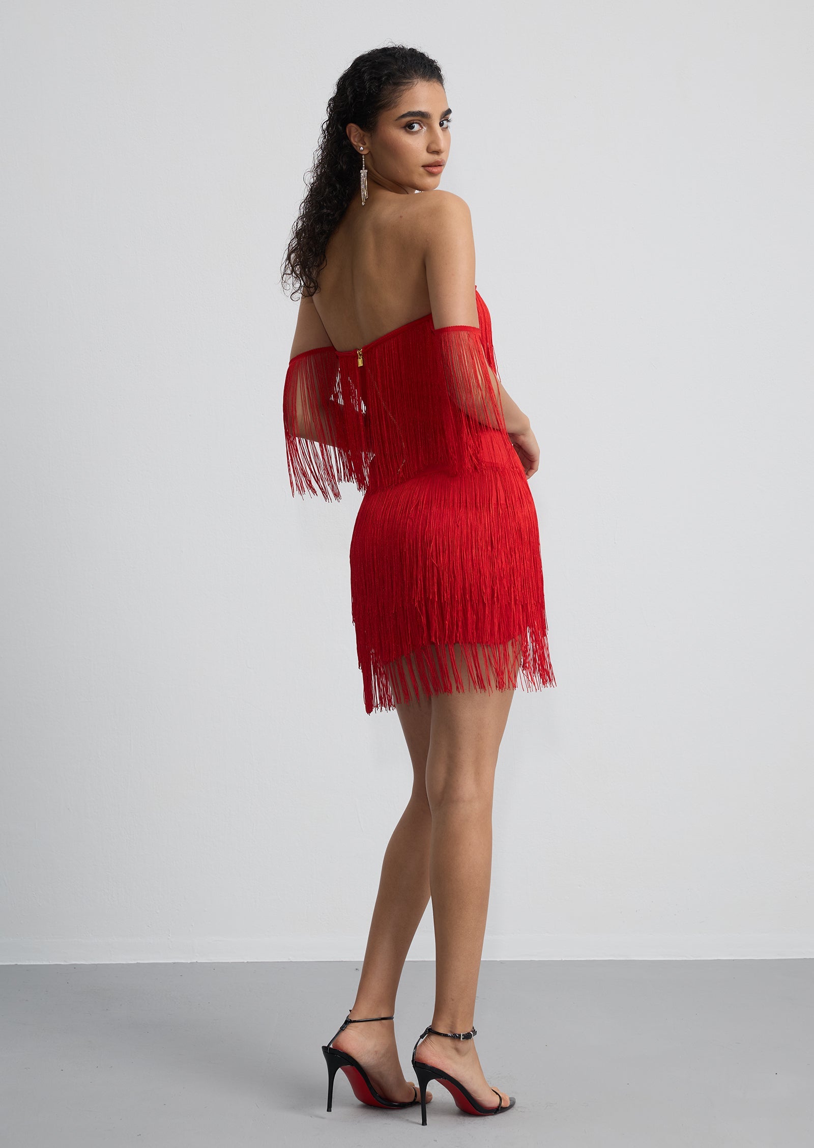 Off Shoulder Fringe Trim Mini Dress