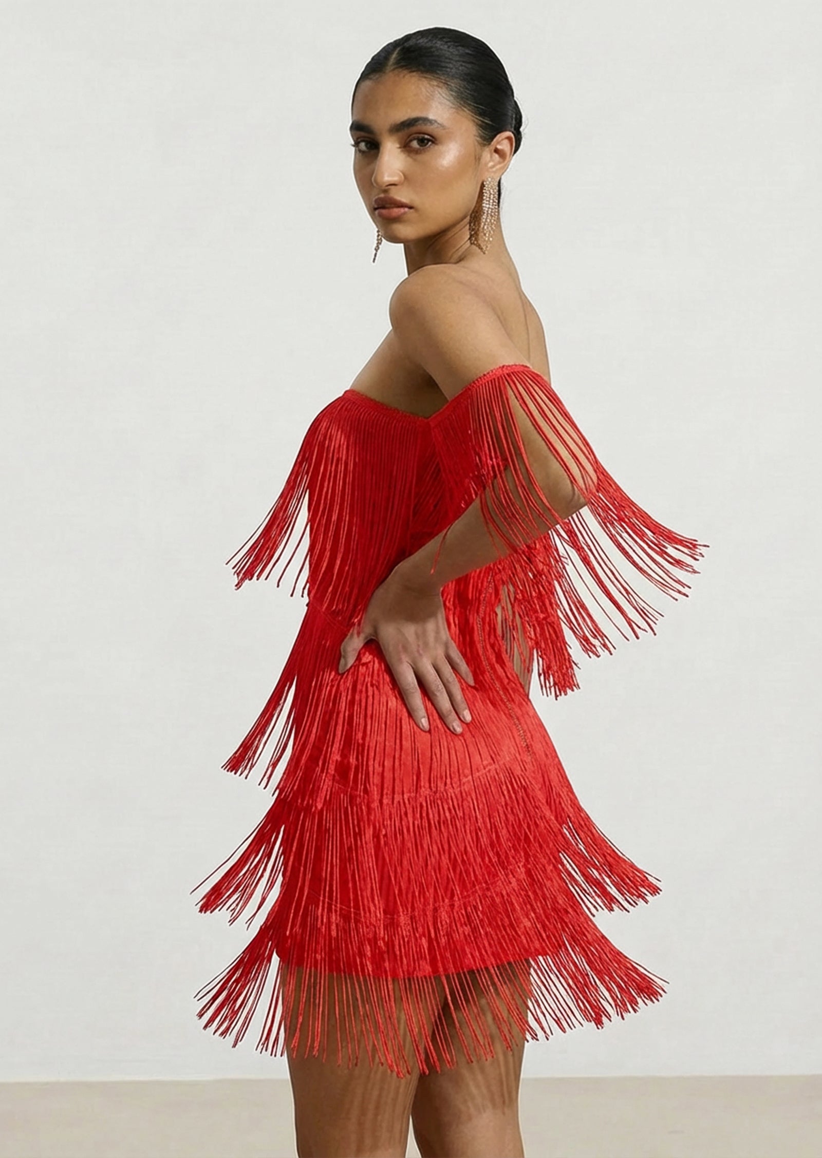 Off Shoulder Fringe Trim Mini Dress