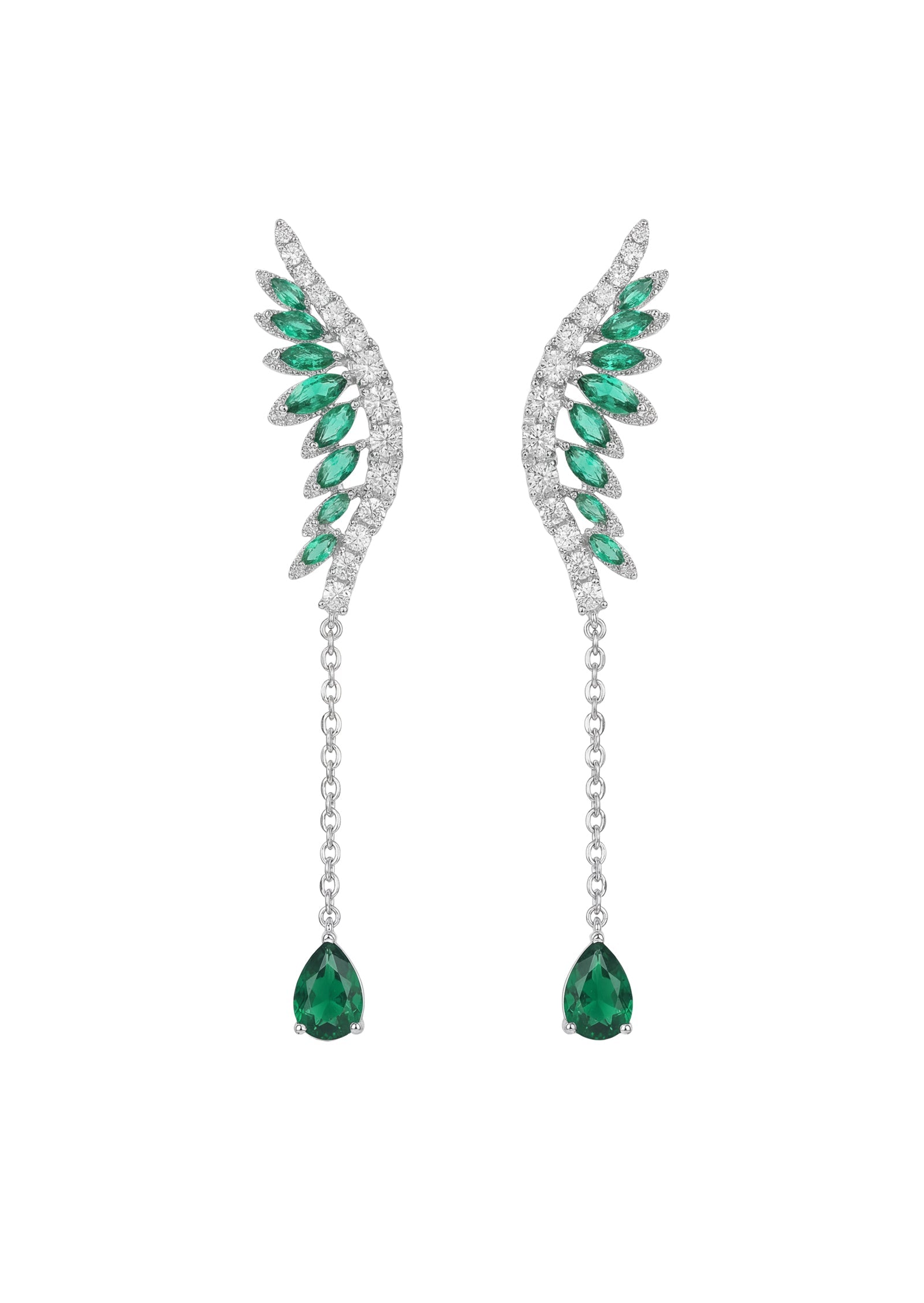 Green Crystal & Silvertone Wings Earrings