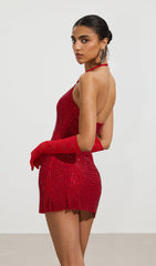 Halterneck Embellished Mini Dress In Red