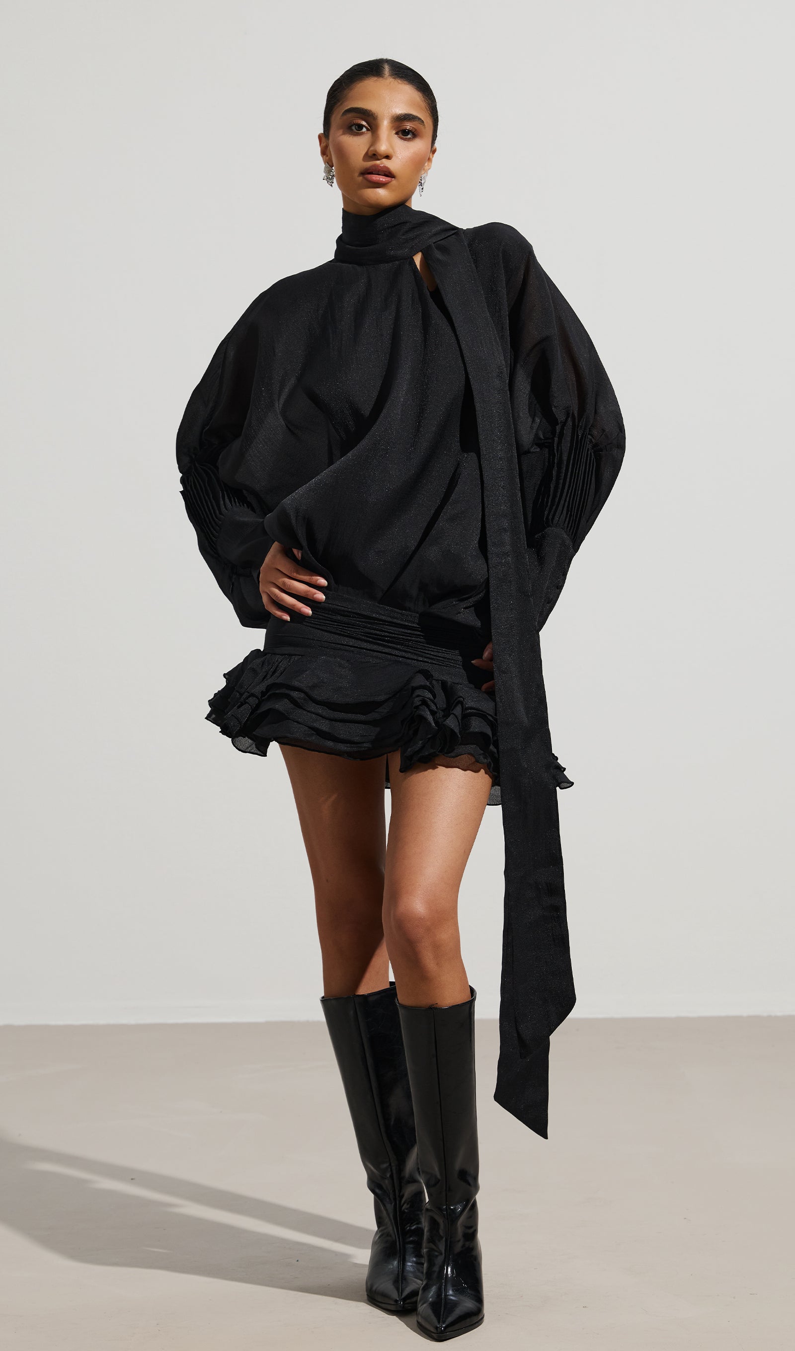 High Neck Tiered Mini Dress In Black