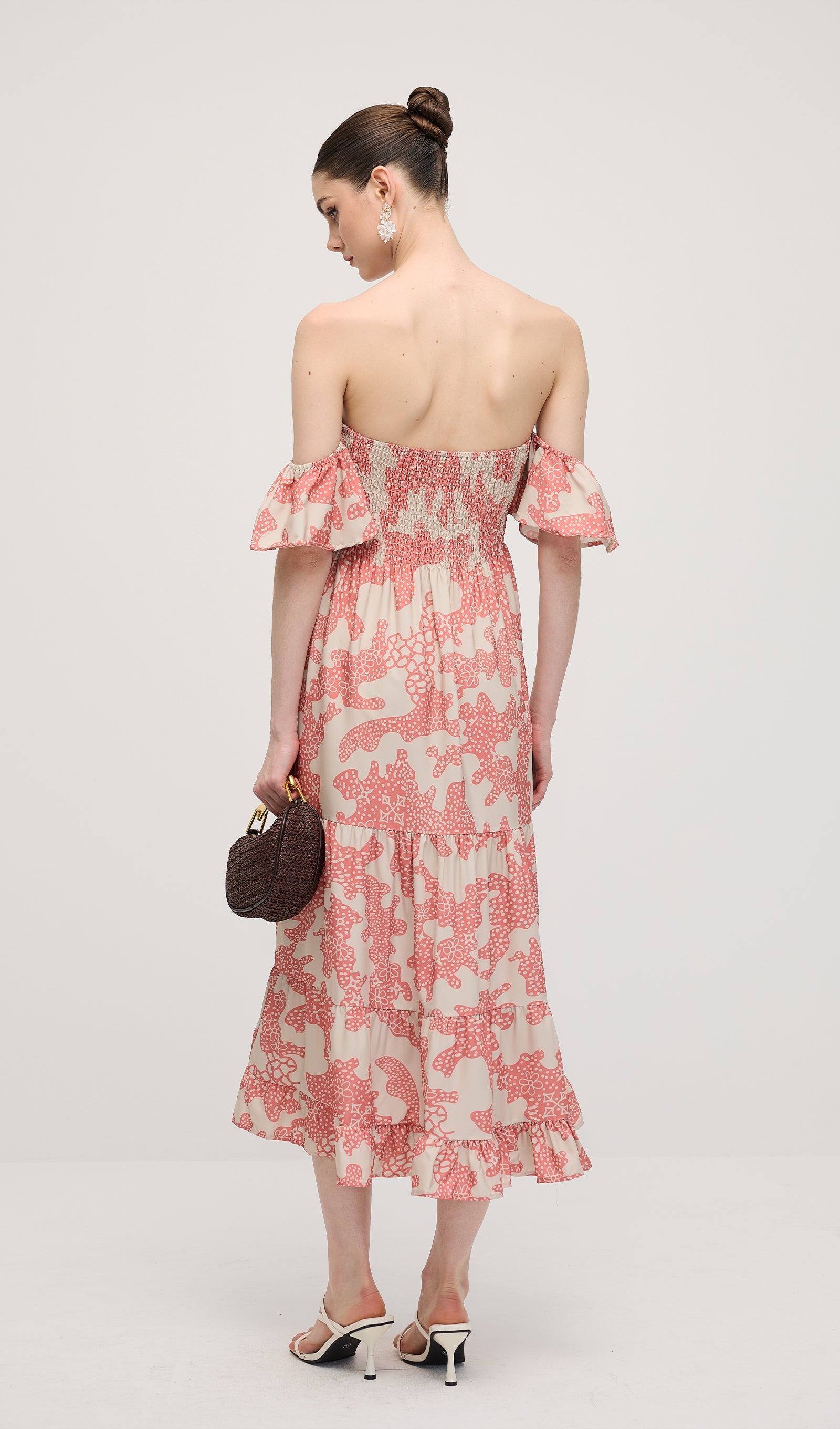 Off Shoulder Smocked Ruffle Printed Midi Dress