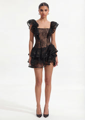 Sequined Lace Mini Dress With Ruffles