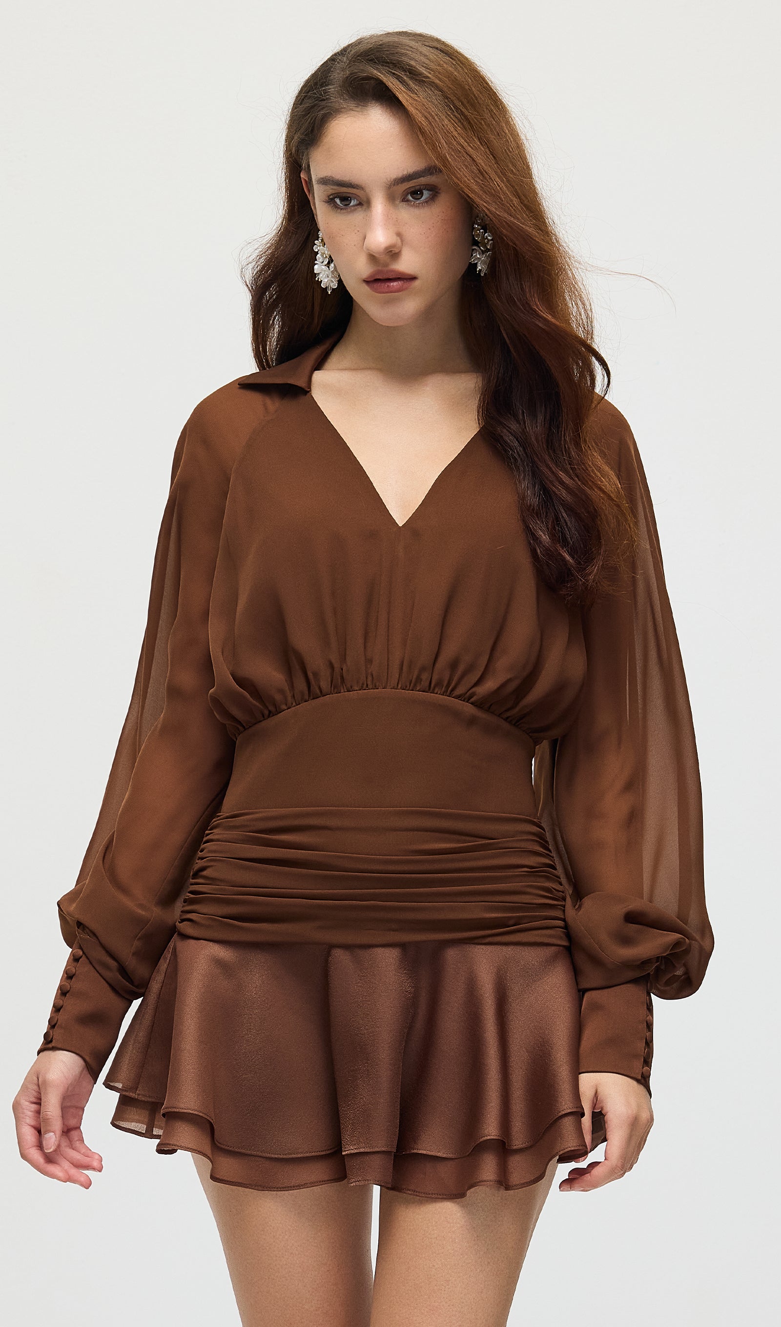Solid Lantern Sleeve Mini Dress In Coffee