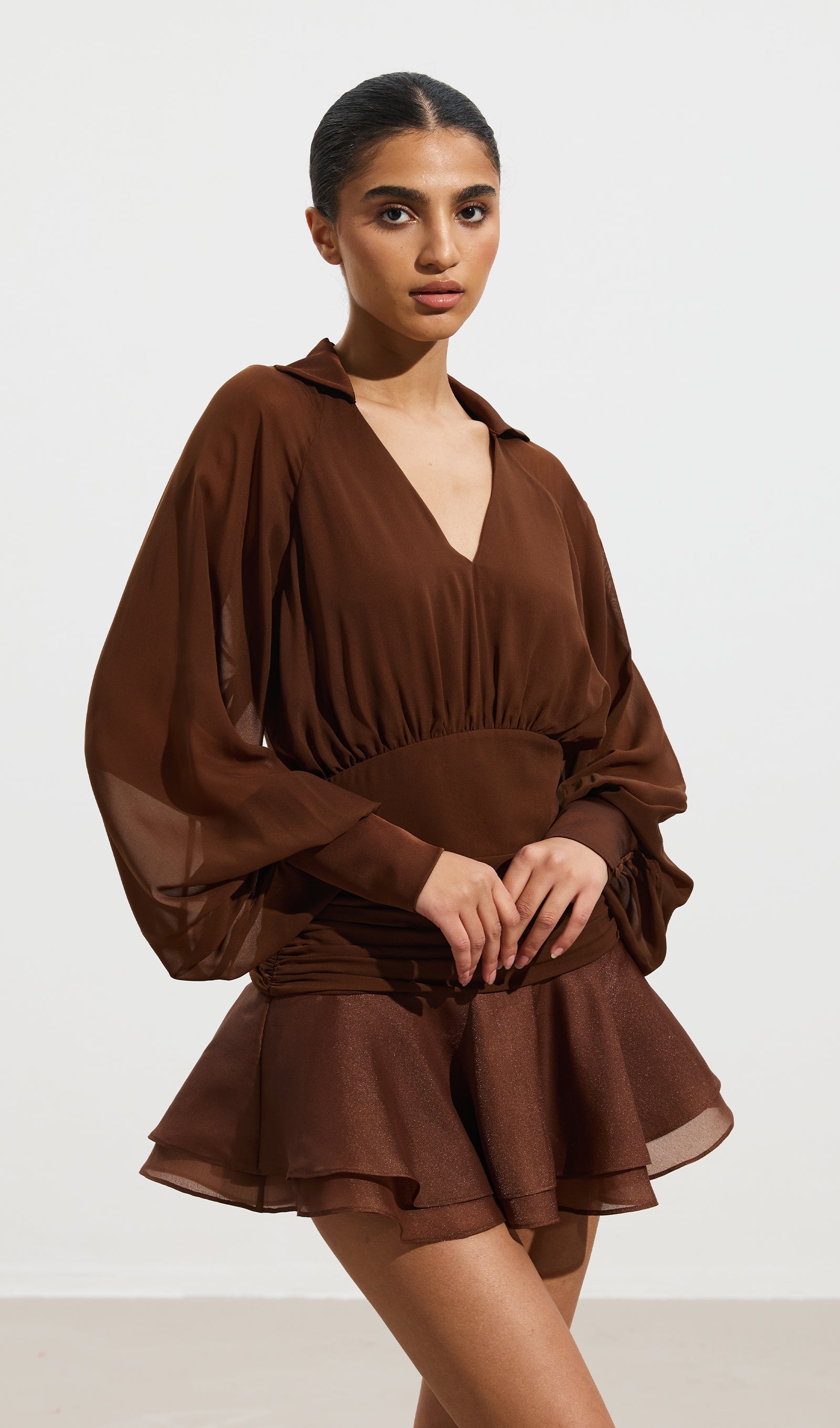 Solid Lantern Sleeve Mini Dress In Coffee