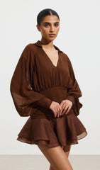 Solid Lantern Sleeve Mini Dress In Coffee