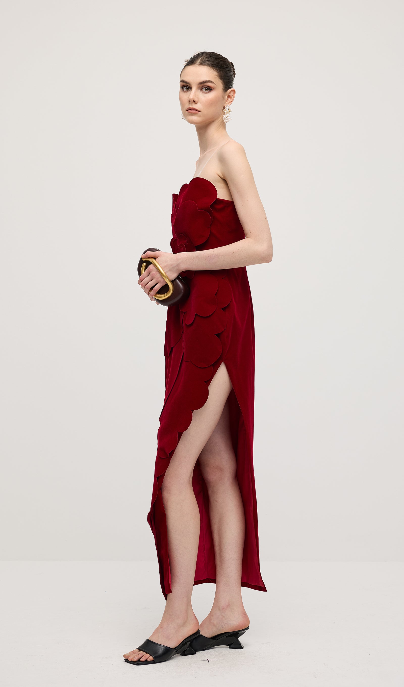 Petal Strapless Velvet Maxi Dress In Red