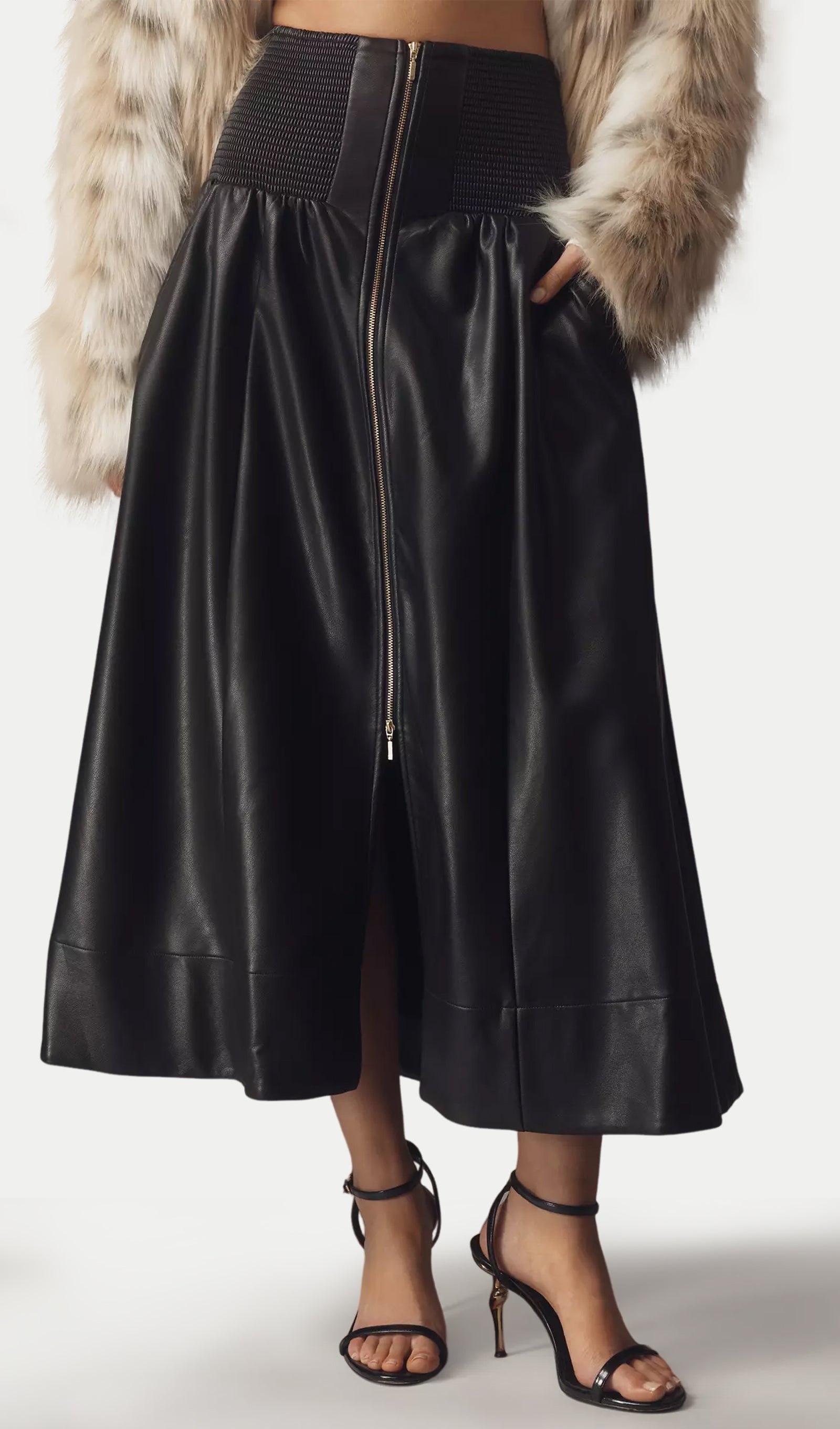 Faux Leather Zip-Front Midi Skirt