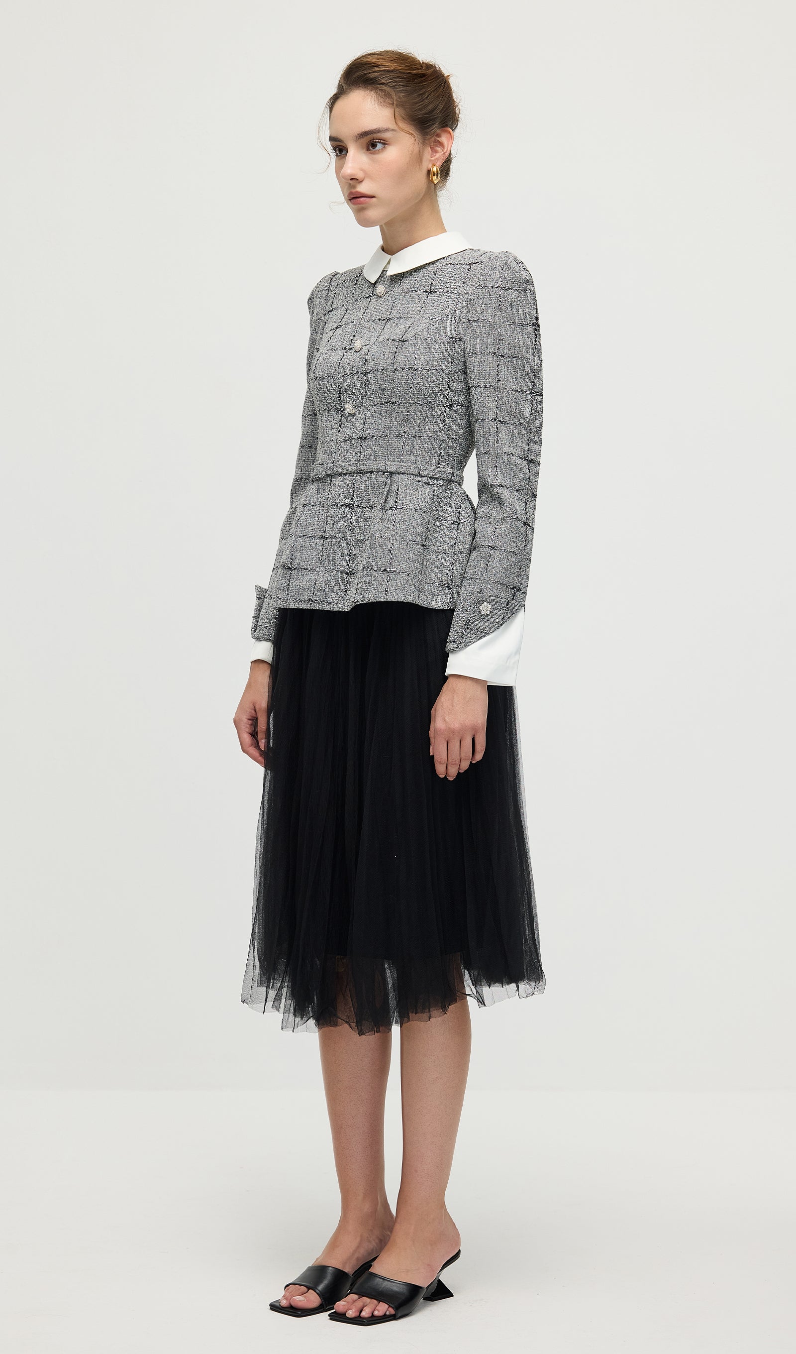 Peplum Tweed Top & Mesh Midi Skirt Set