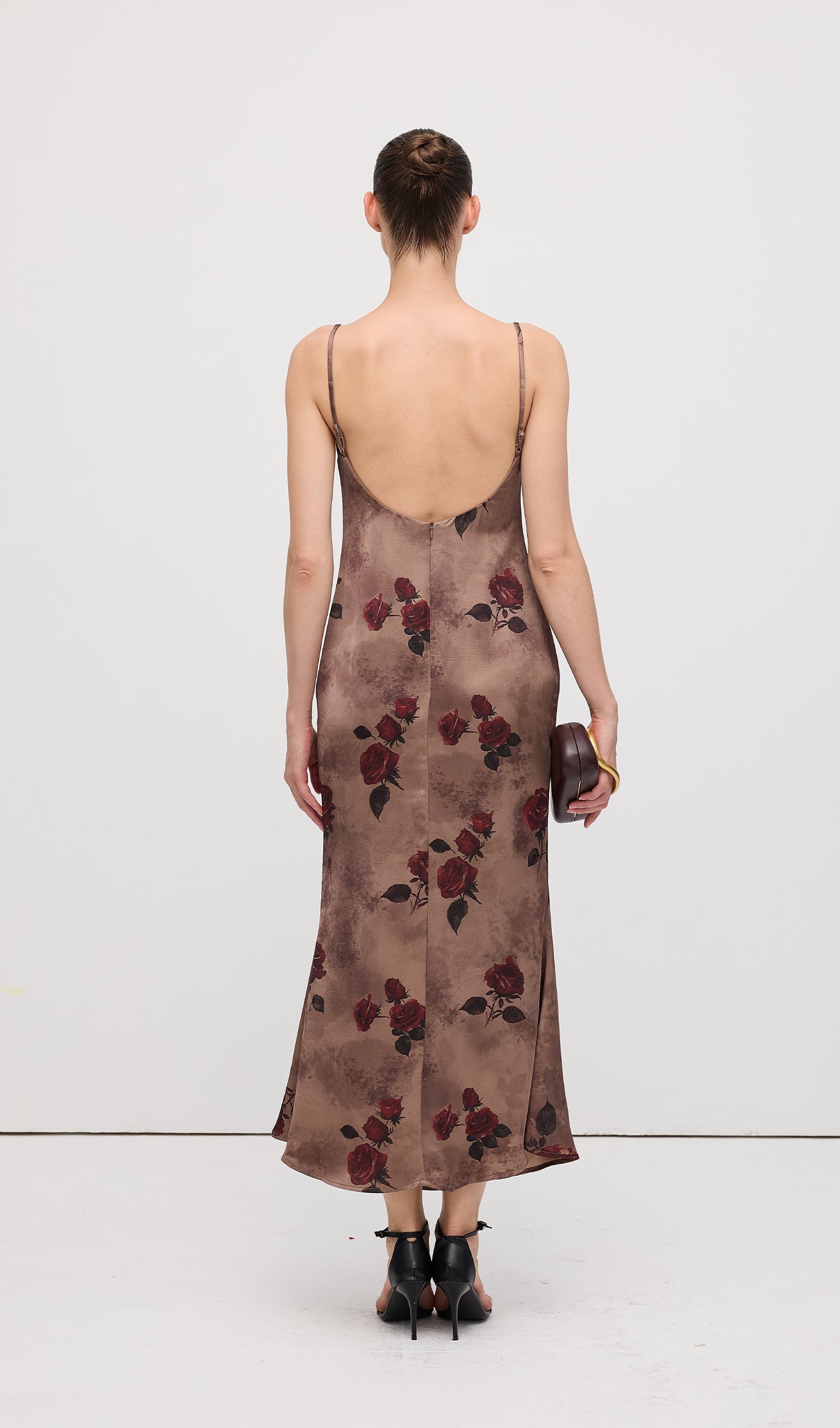 Cowl Neck Rose Print Sleeveless Midi Dress