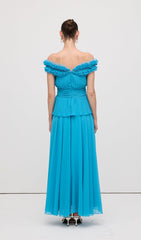 Solid Tiered Pleated Strapless Gown Maxi Dress