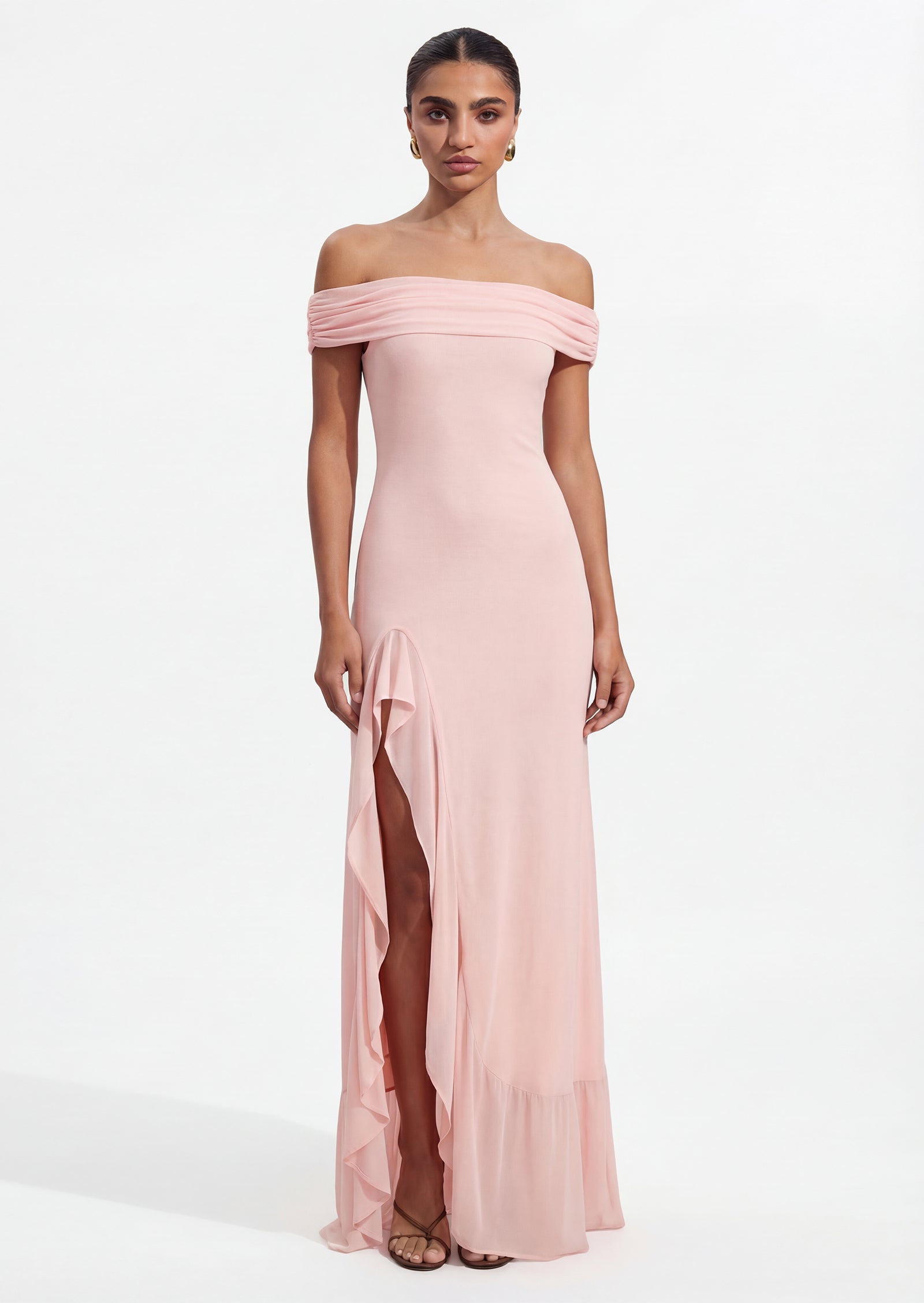 Off Shoulder Mesh Maxi Dress In Pale Pink