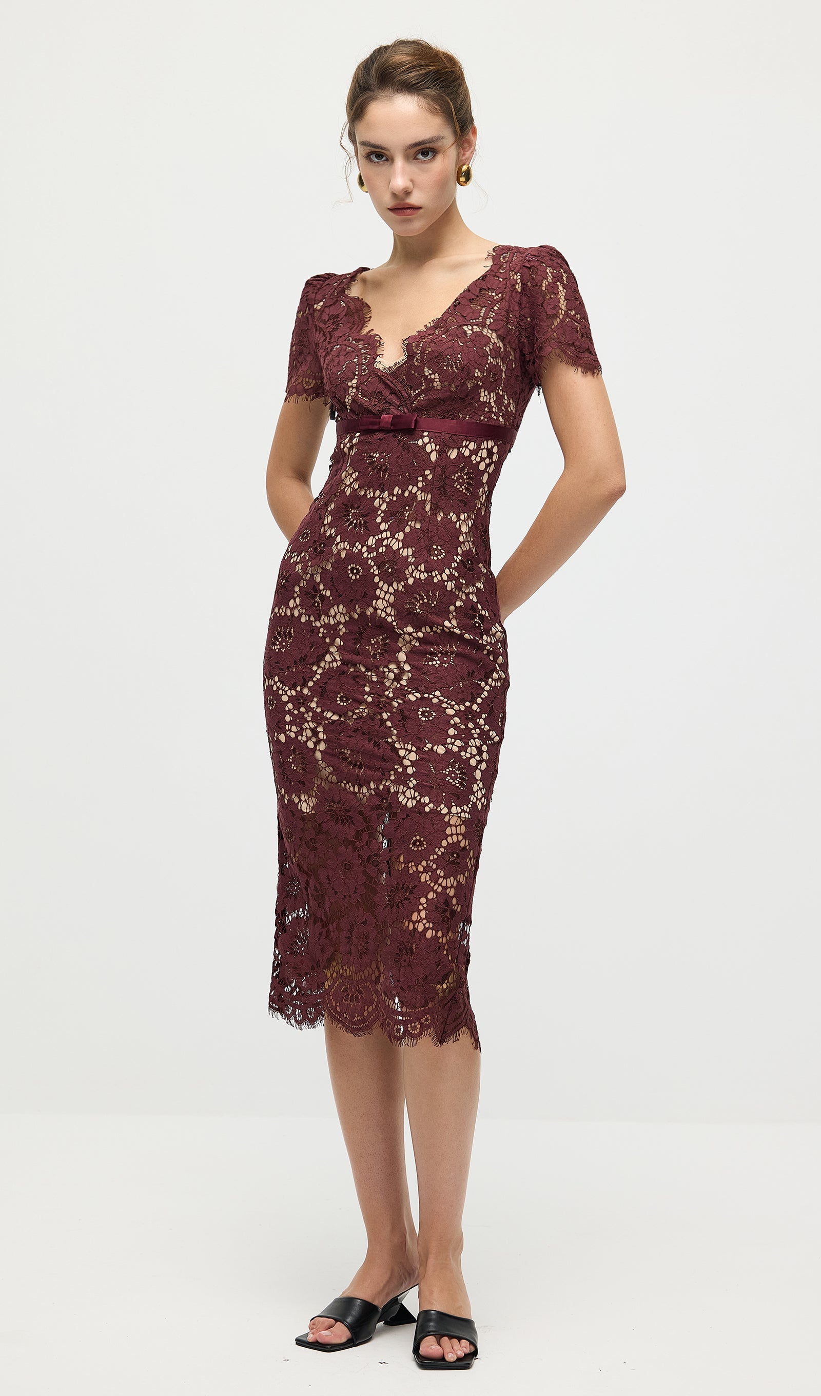 Burgundy Floral Lace Midi Dress