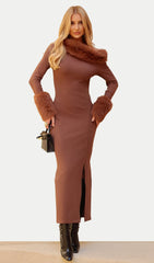 Asymmetrical Slit Fur-Trimmed Midi Dress