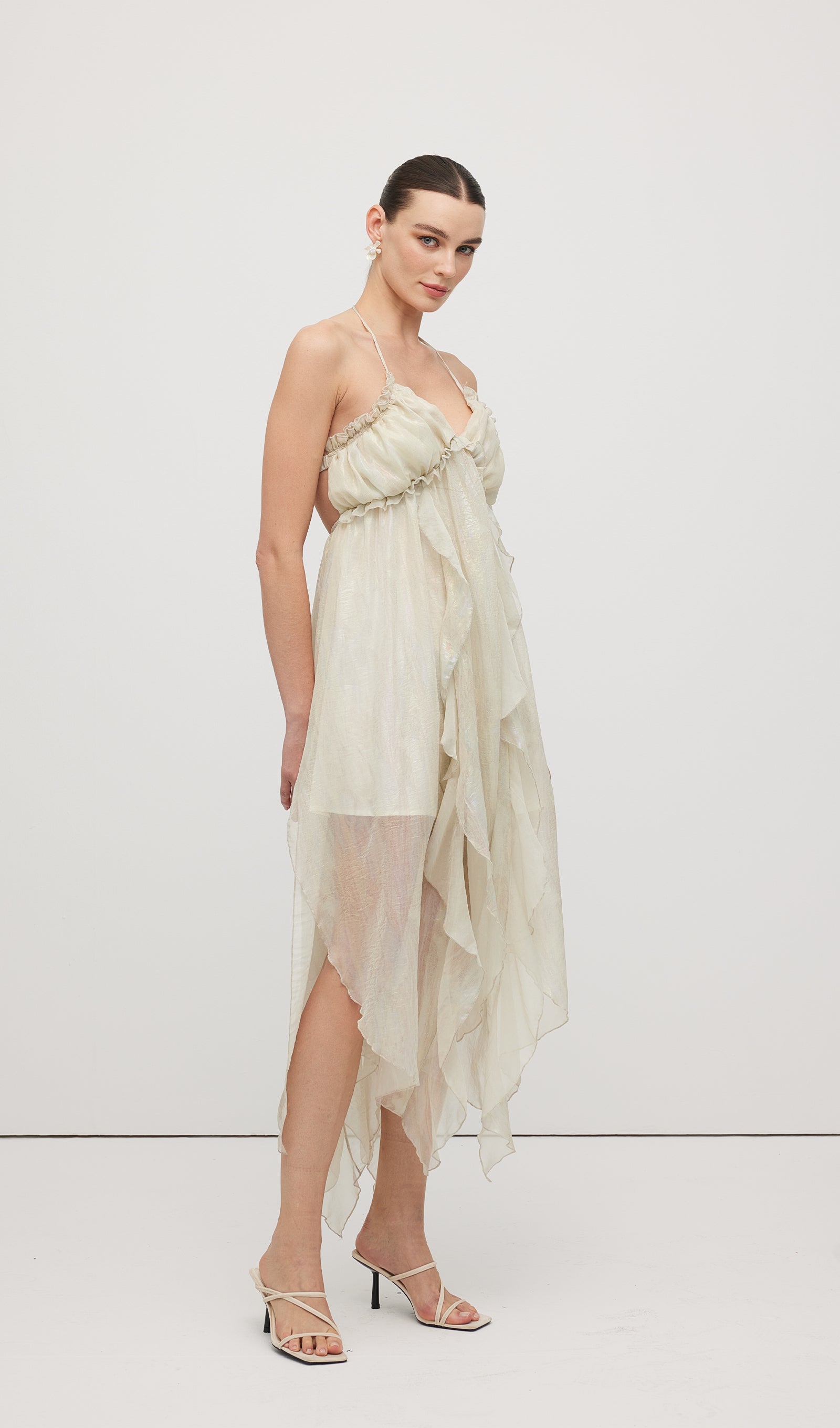 Halter Tulle Pleated Midi Dress