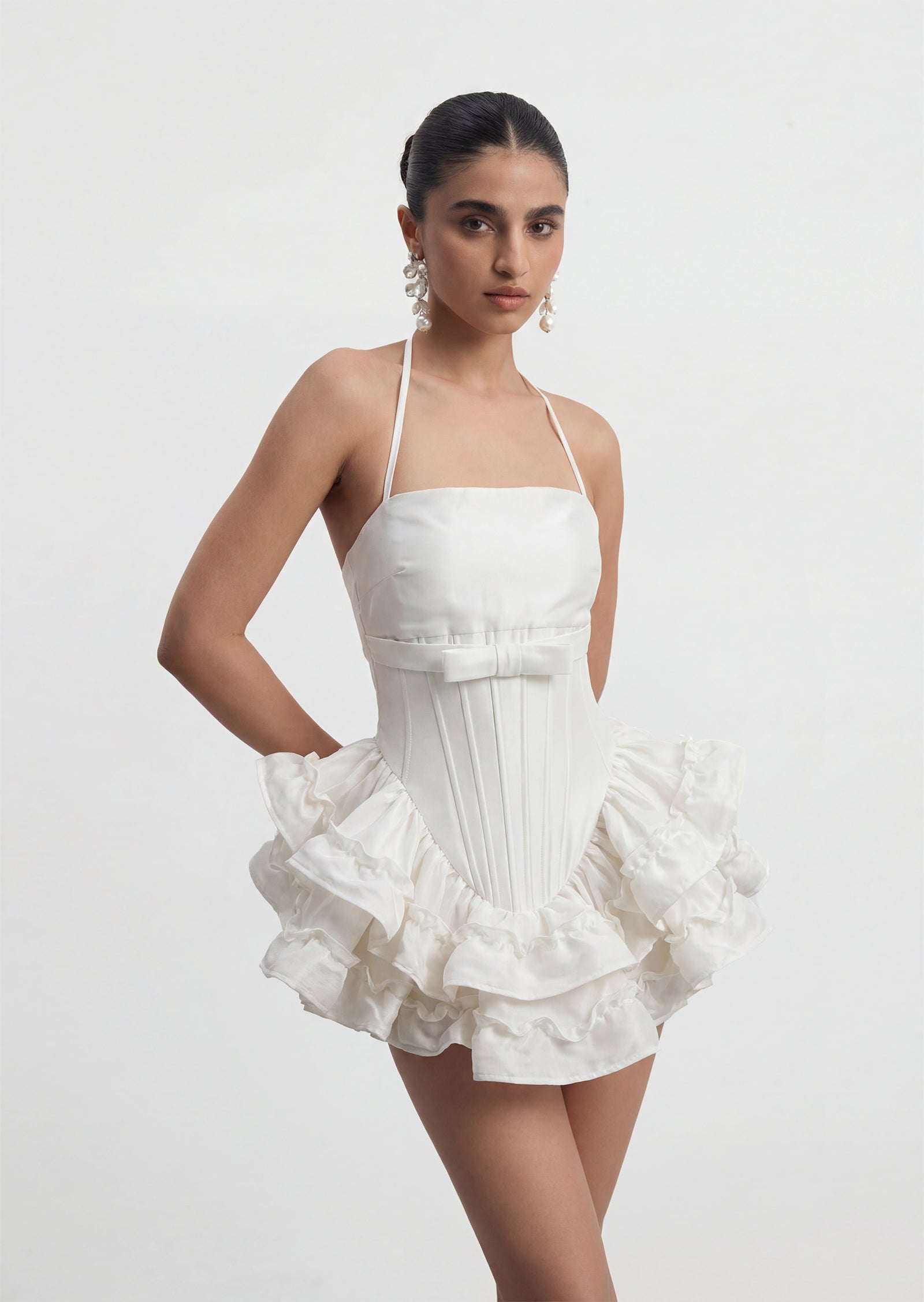 Ruffled Satin Corset Mini Dress In White