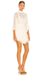 Puff Sleeve Ruched Ruffle Mesh Mini Dress