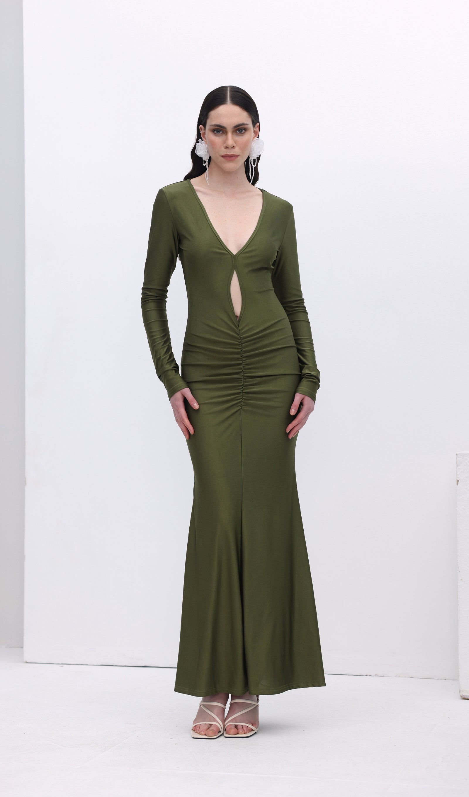 V Neck Ruched Maxi Dress