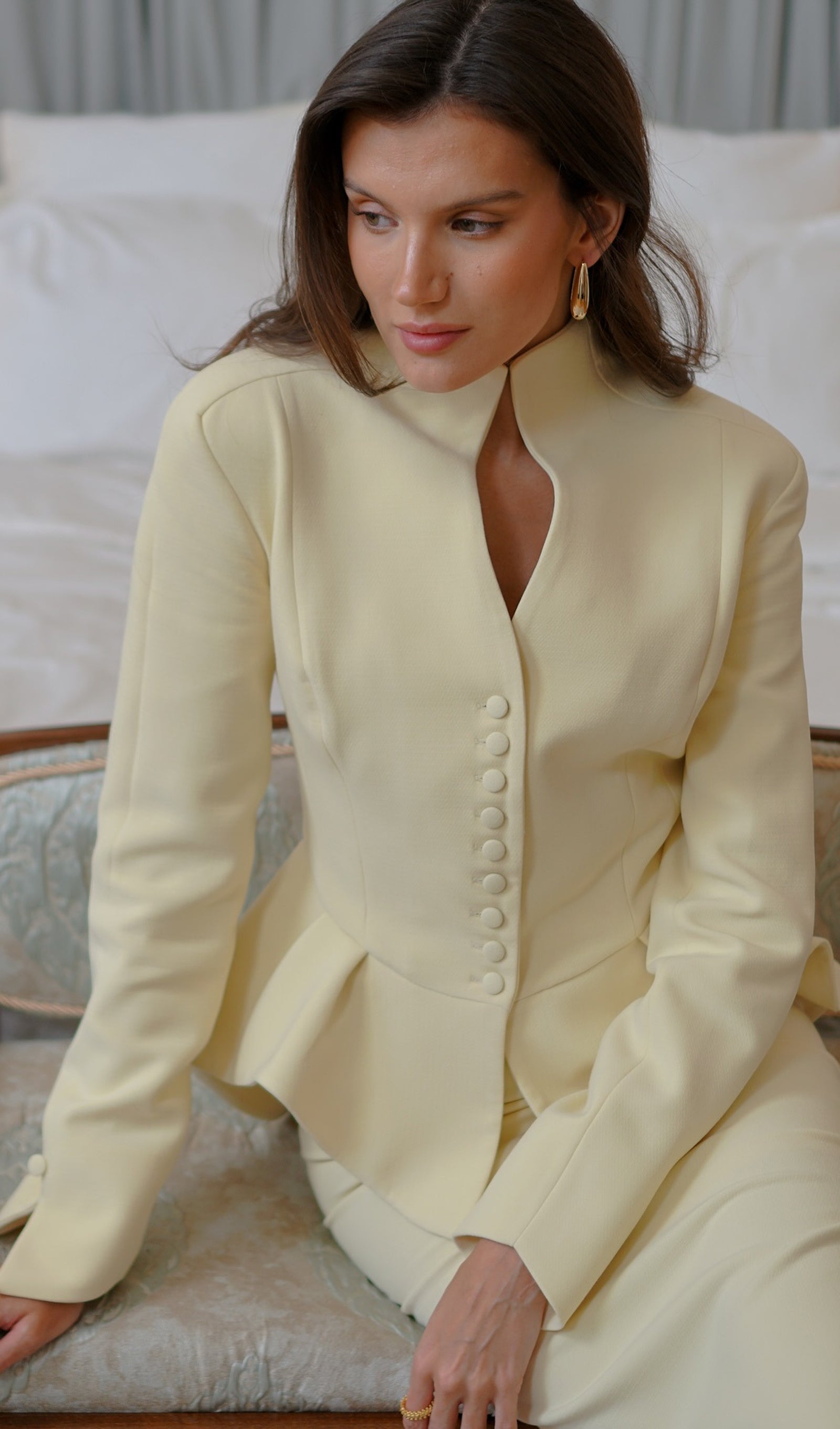 Solid Peplum Jacket & Slit Midi Skirt Set