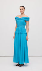 Solid Tiered Pleated Strapless Gown Maxi Dress