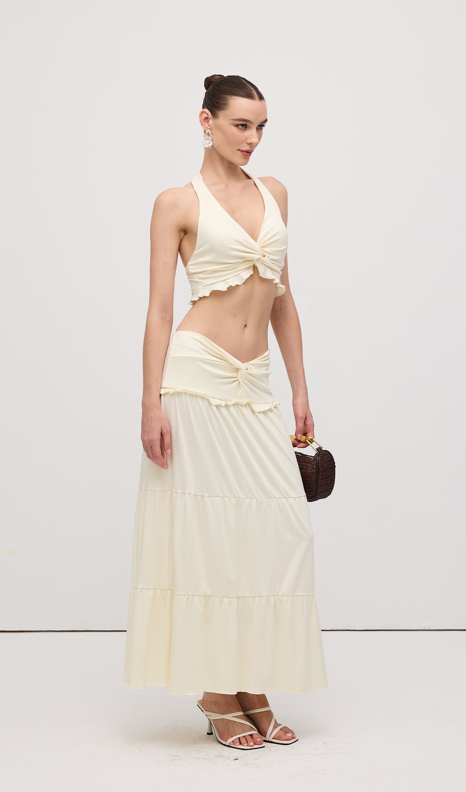 Halter Top & Twist Ruffled Maxi Skirt Sets White