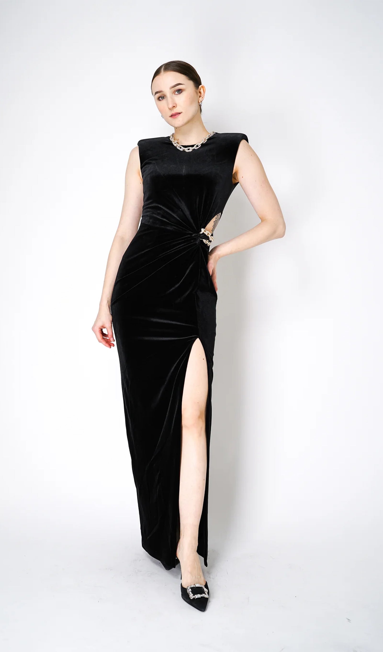 Embellished Velvet Split Maxi Dress