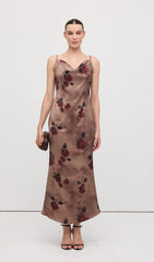 Cowl Neck Rose Print Sleeveless Midi Dress