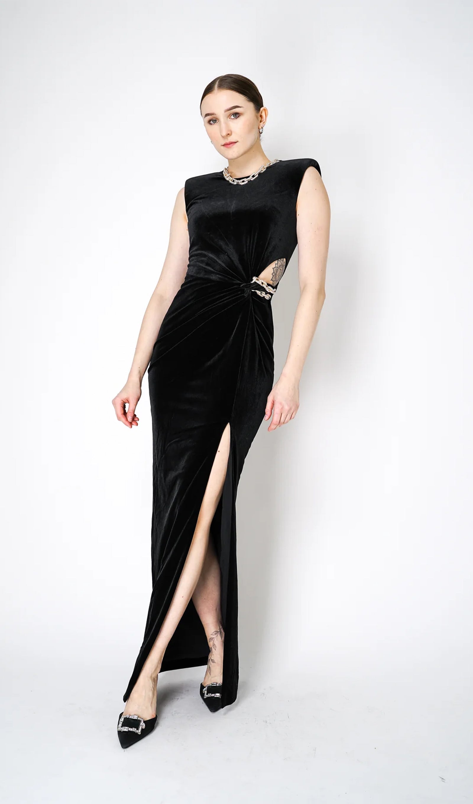 Embellished Velvet Split Maxi Dress