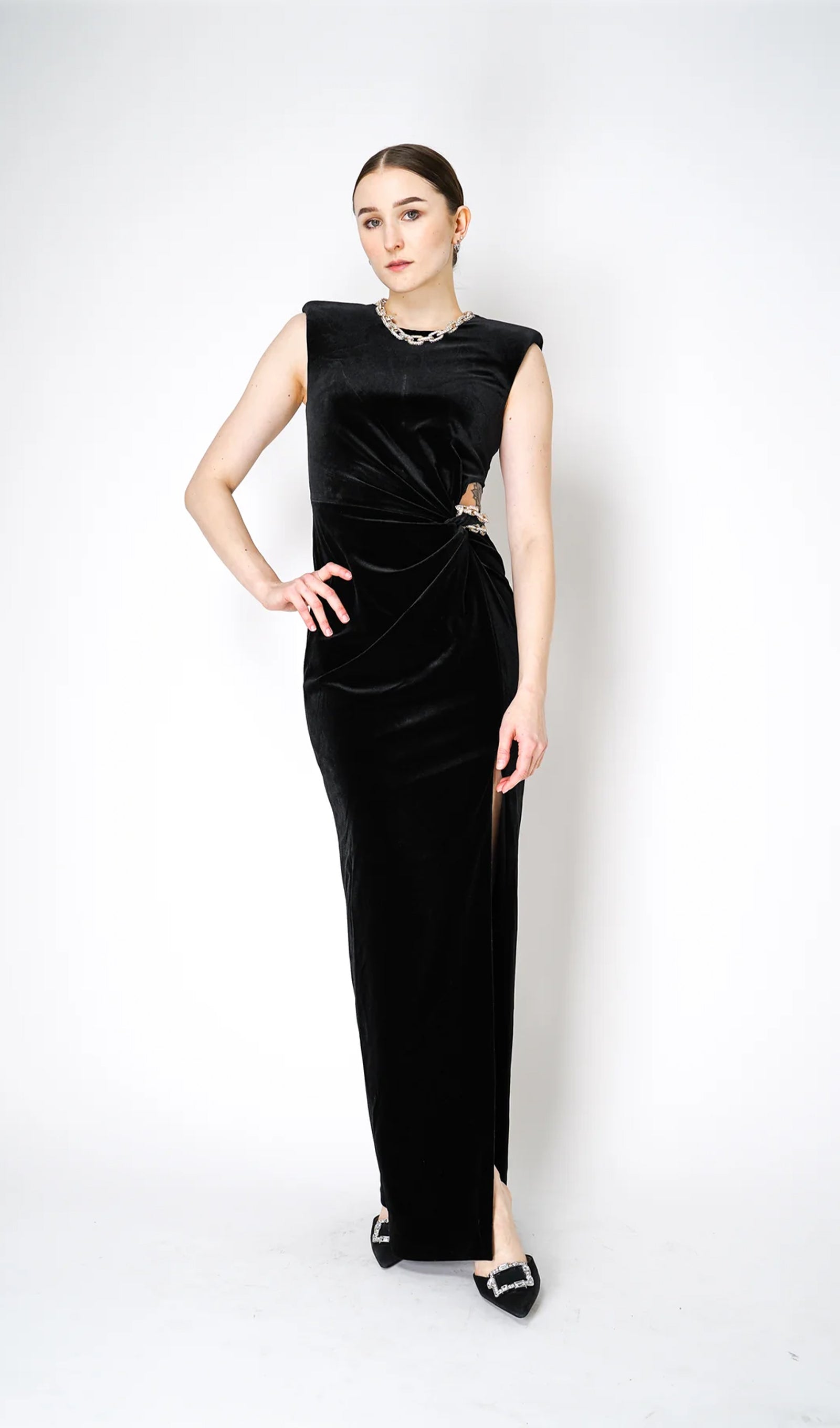 Embellished Velvet Split Maxi Dress