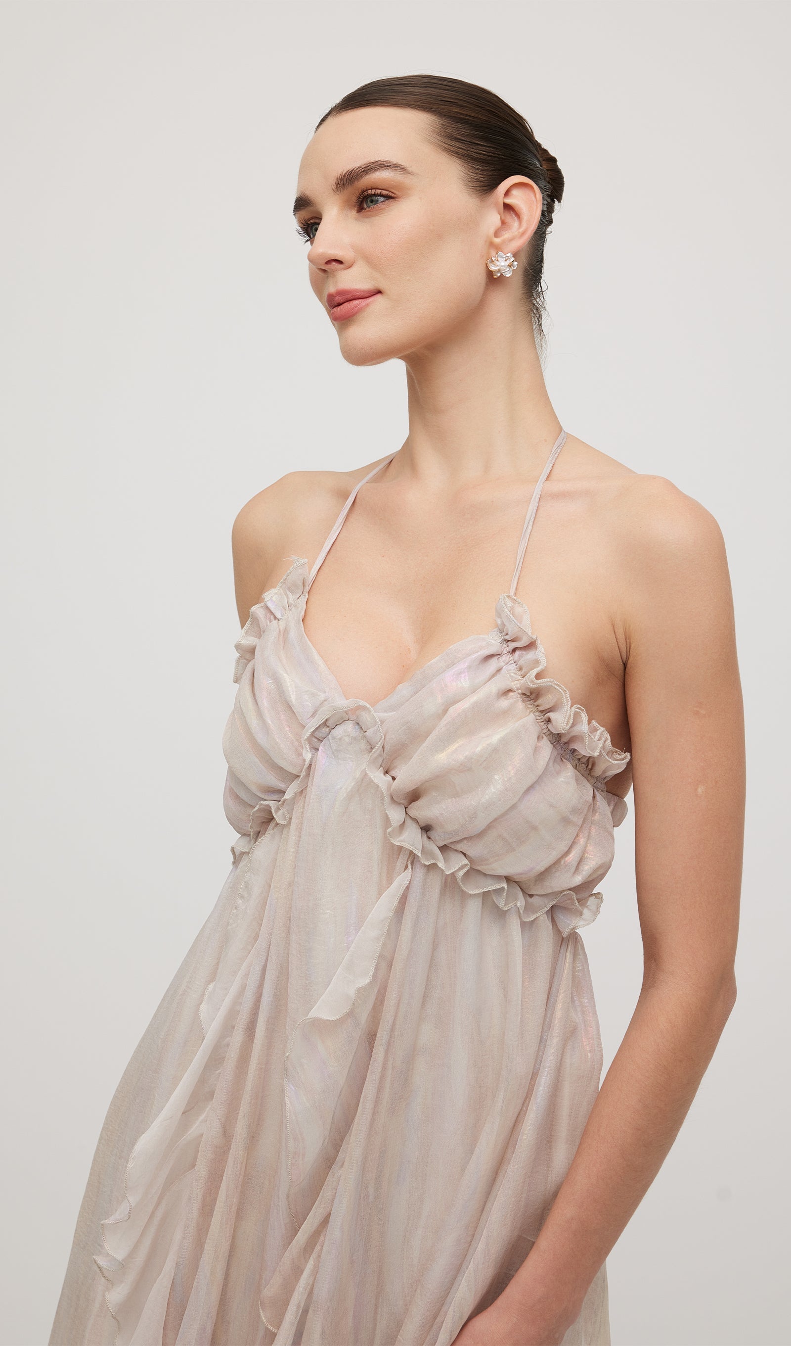 Halter Tulle Pleated Midi Dress In Pink