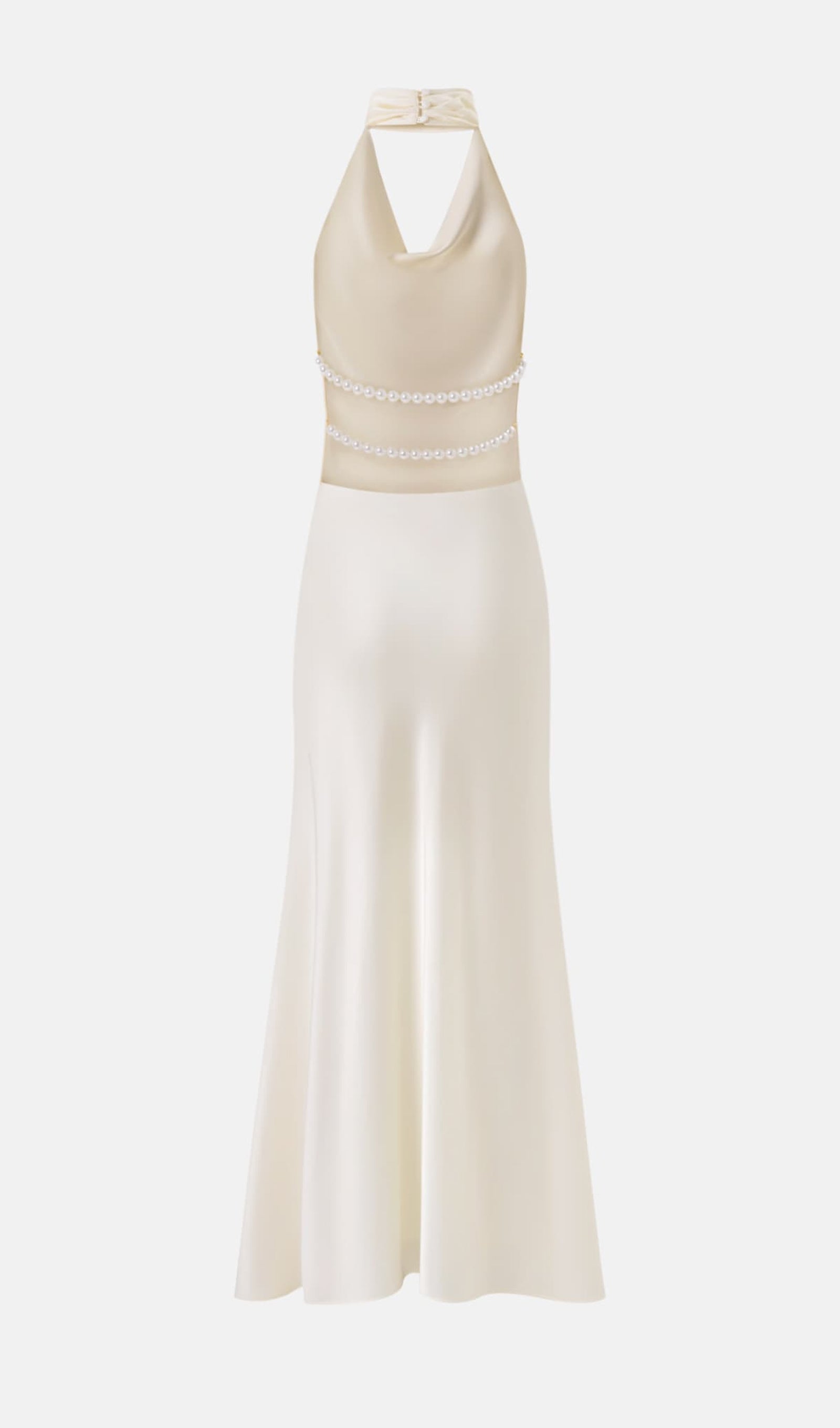 Satin Pearl Decor Maxi Dress In White