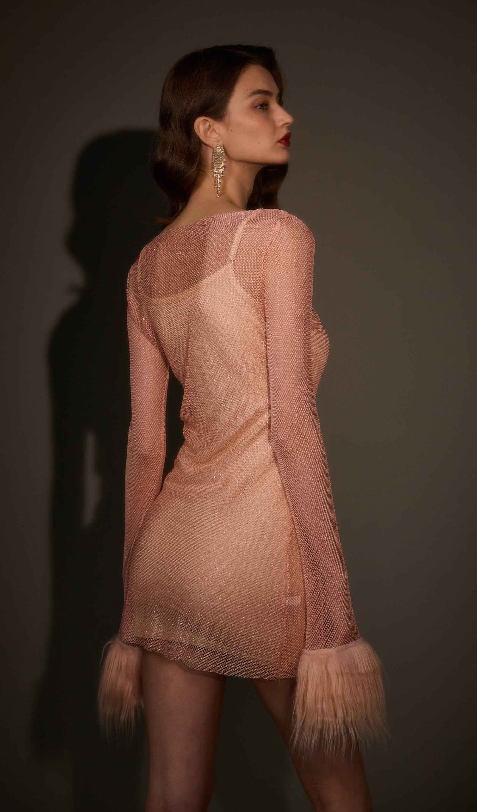 Sheer Rhinestone Mini Dress in Pink