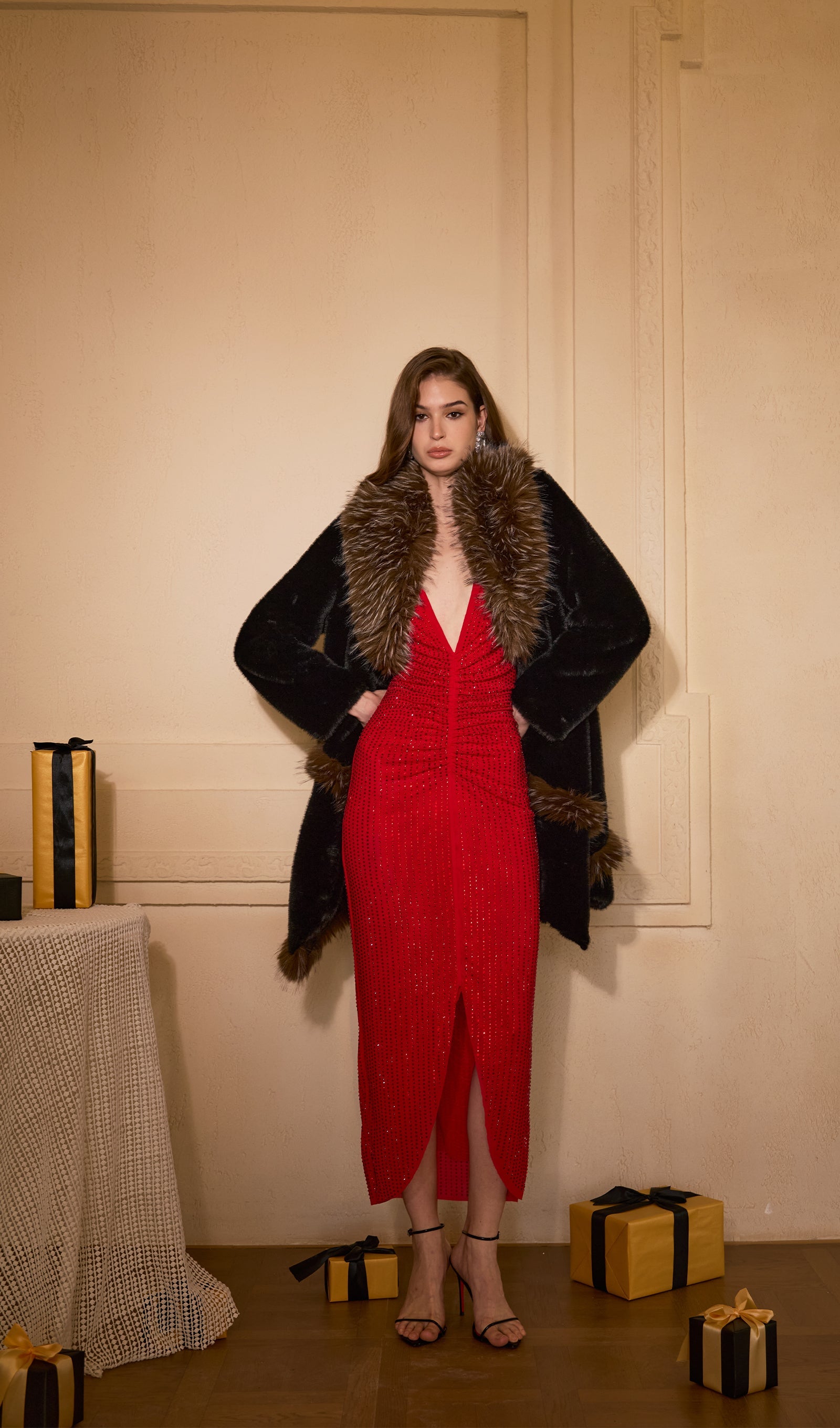 Solid Diamante Ruched Midi Dress In Red