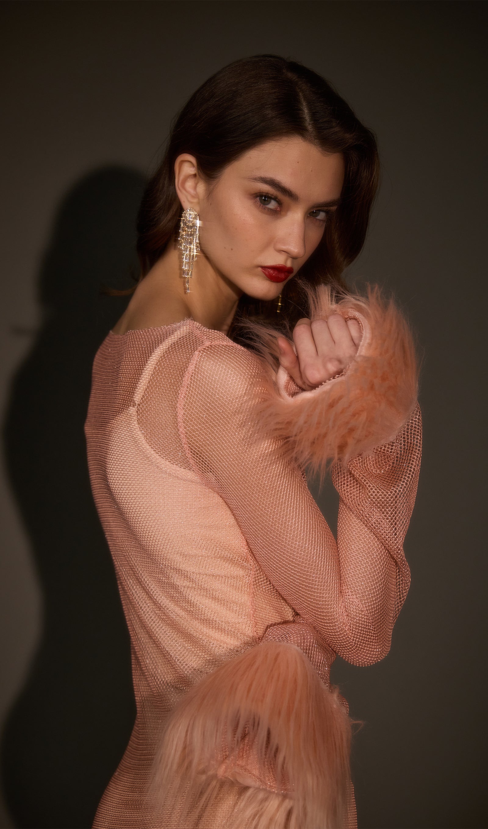 Sheer Rhinestone Mini Dress in Pink