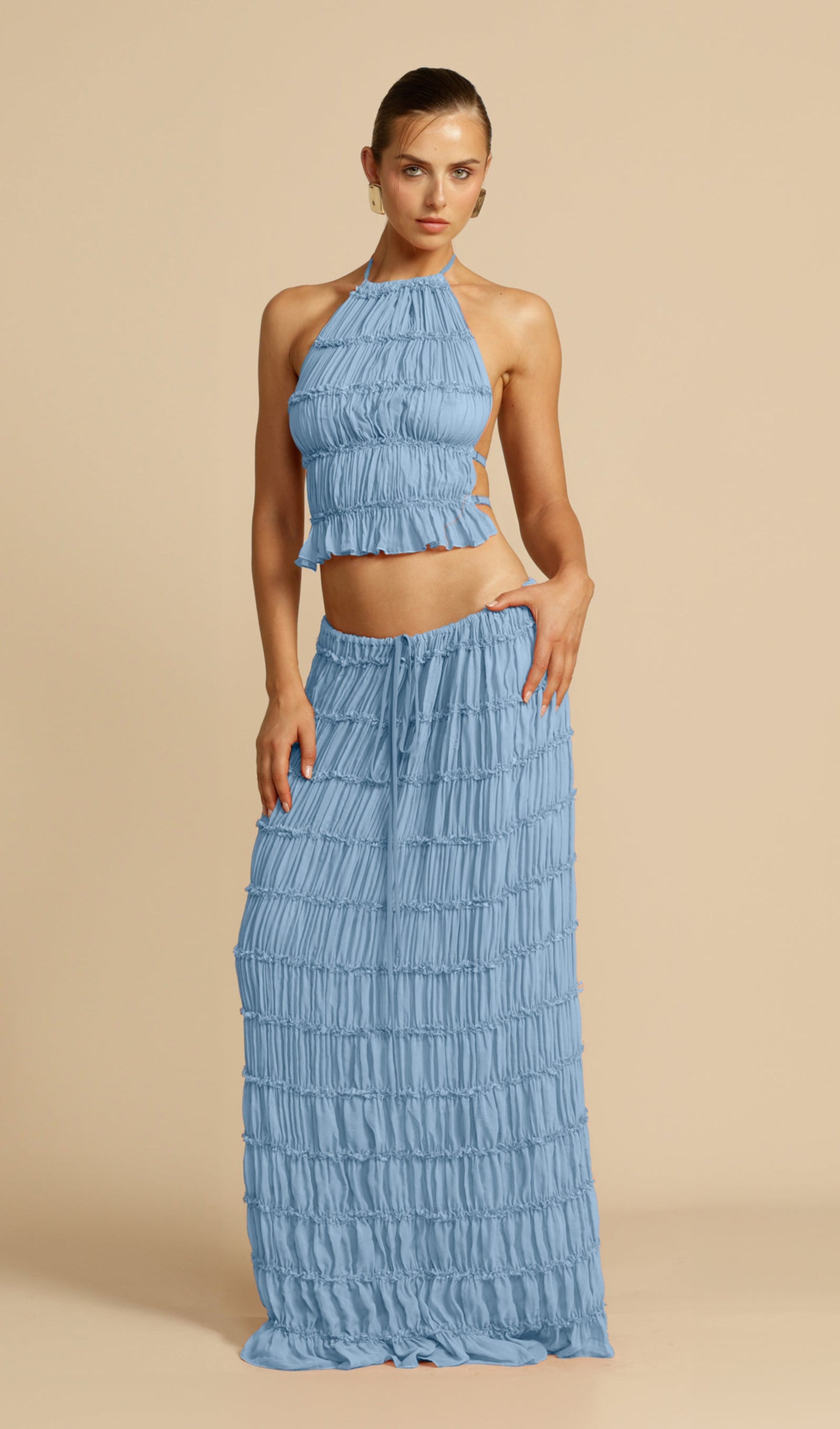 Halter Top & Ruched Detail Maxi Skirt Sets