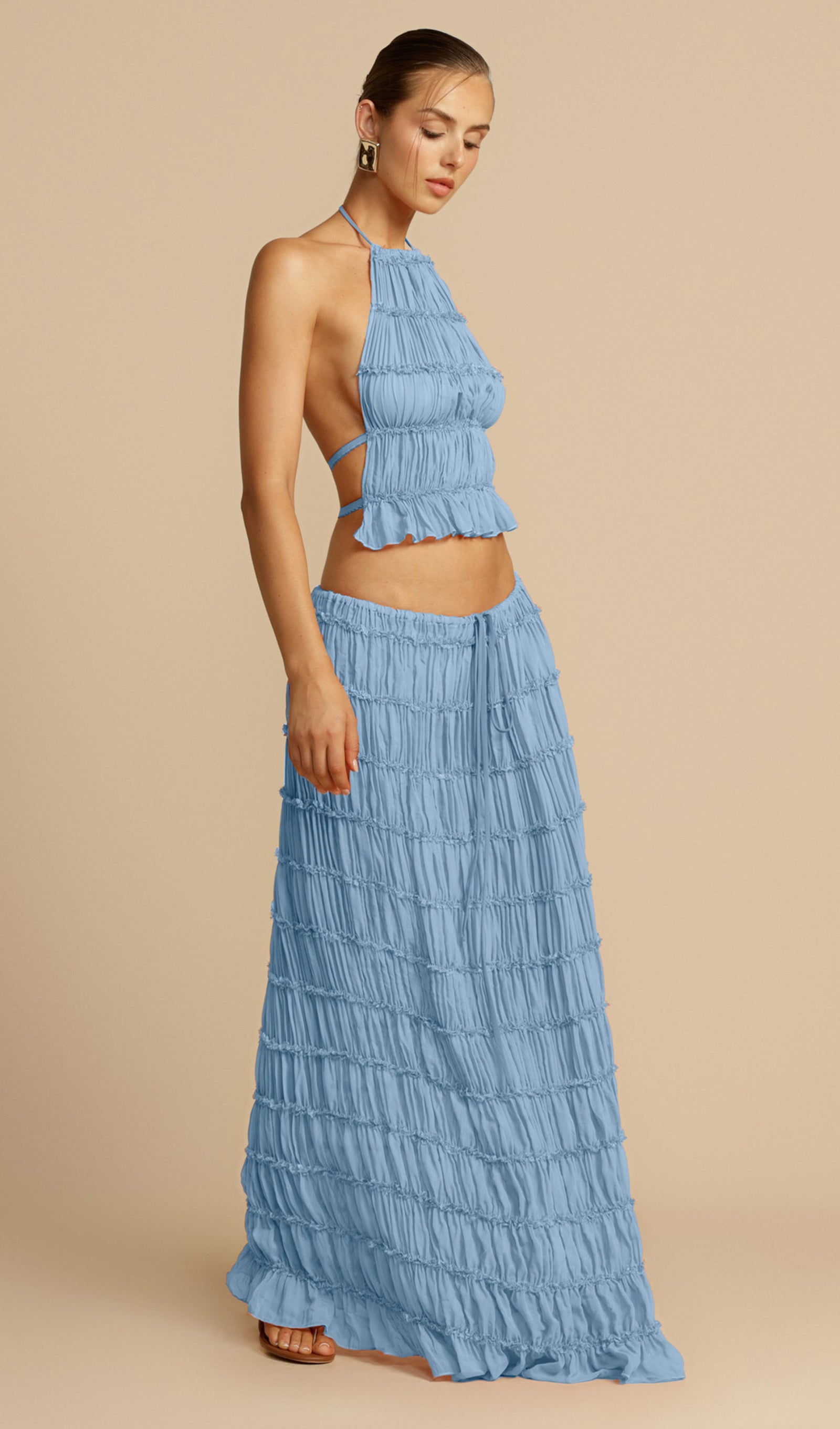 Halter Top & Ruched Detail Maxi Skirt Sets