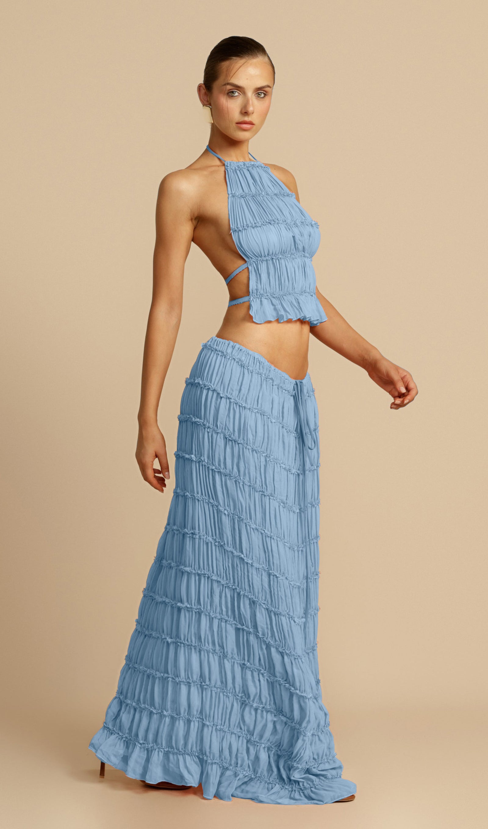 Halter Top & Ruched Detail Maxi Skirt Sets