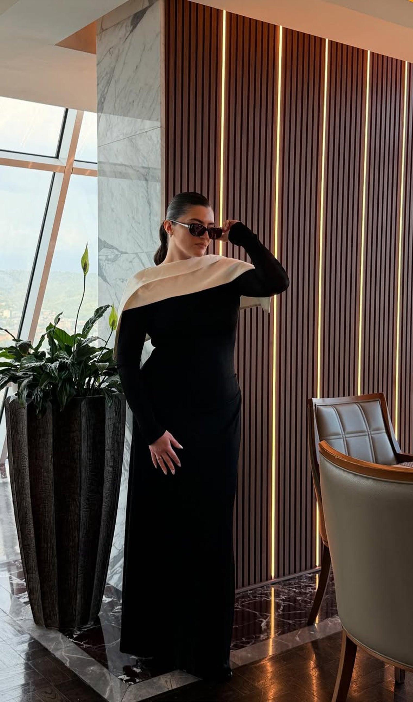 Asymmetrical Draped Shoulder Pleat Maxi Dress In Black