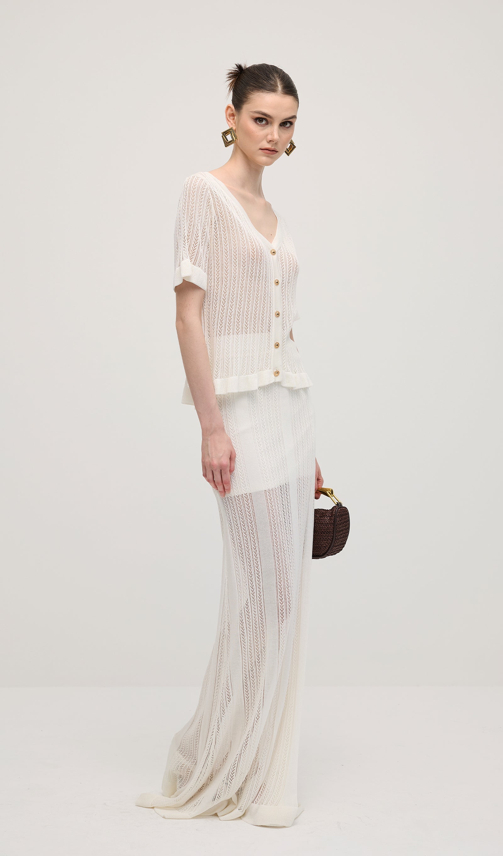 Openwork Jersey Maxi Skirt Sets In White