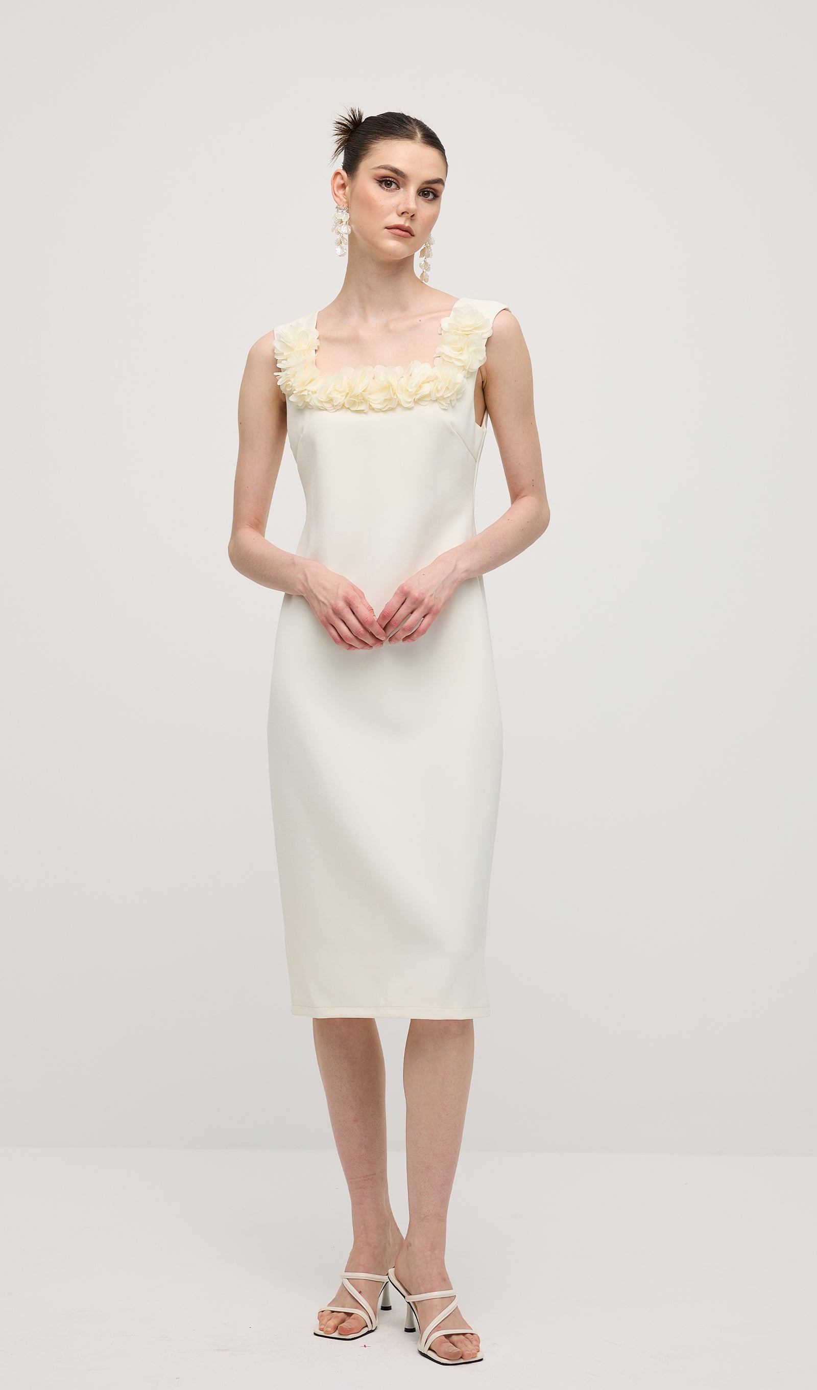 Square Neck 3D Petal Appliques Midi Dress