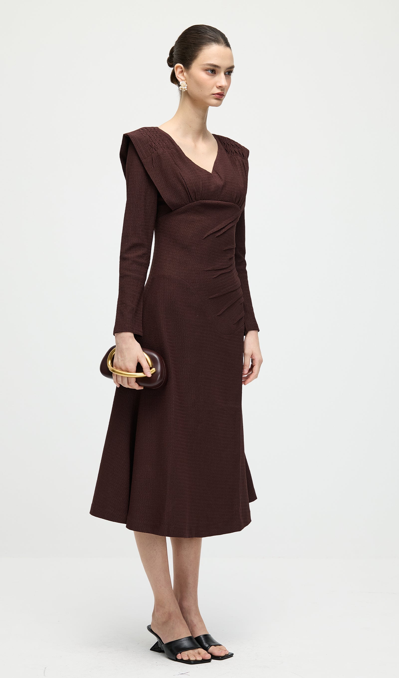 Long Sleeve Smocking Shoulder Midi Dress In Coffee