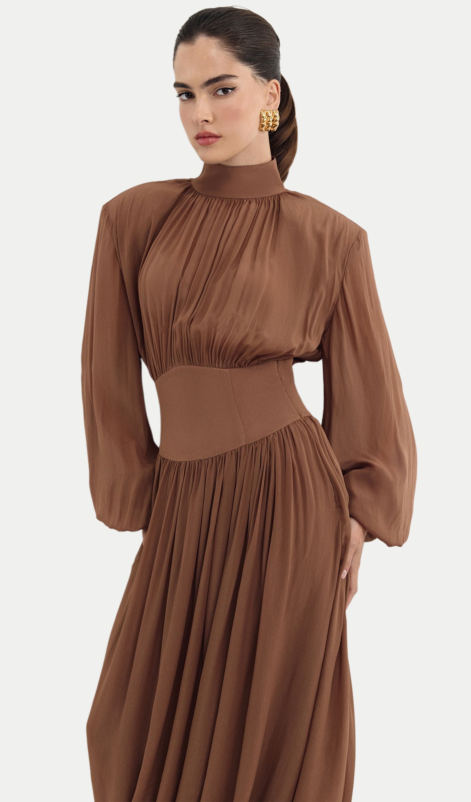 Long Sleeve Chiffon Midi Dress With Gathered