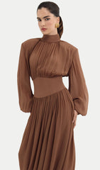 Long Sleeve Chiffon Midi Dress With Gathered