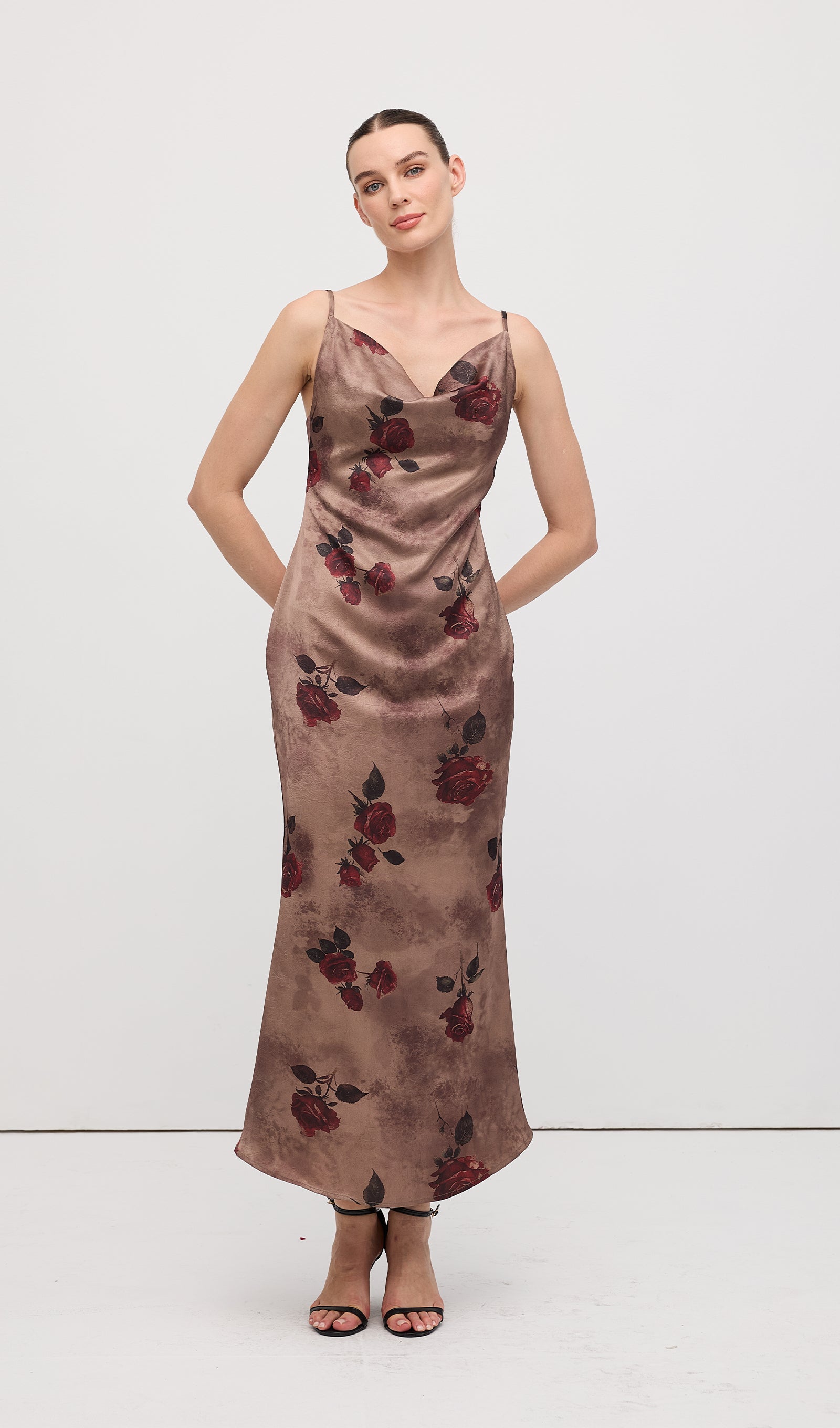 Cowl Neck Rose Print Sleeveless Midi Dress