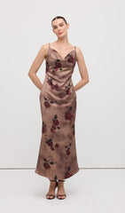 Cowl Neck Rose Print Sleeveless Midi Dress