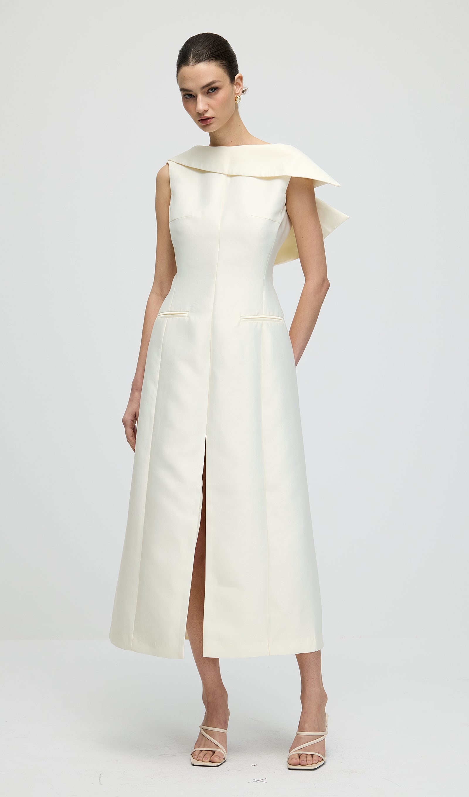 Asymmetrical Neckline Slit Midi Dress