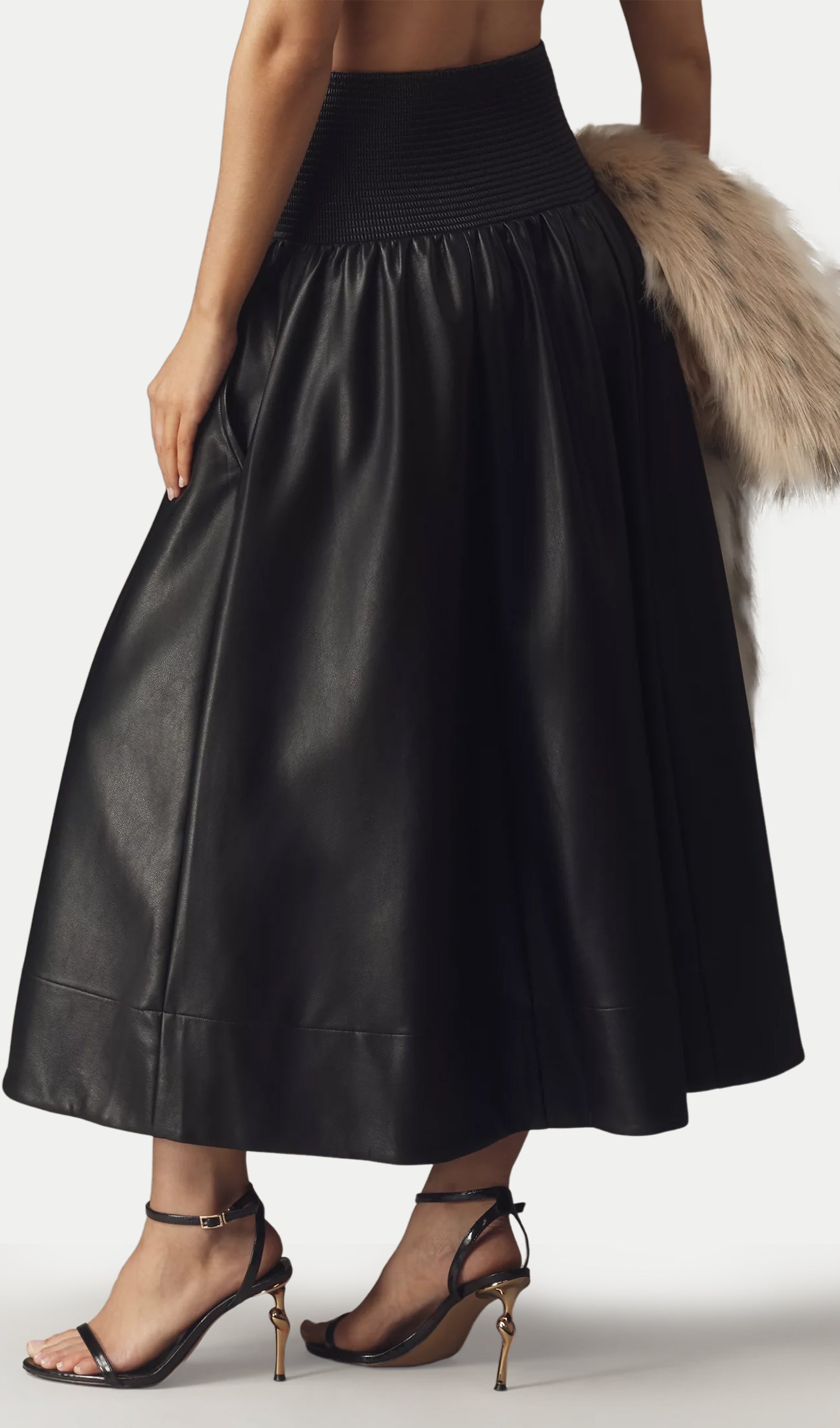 Faux Leather Zip-Front Midi Skirt