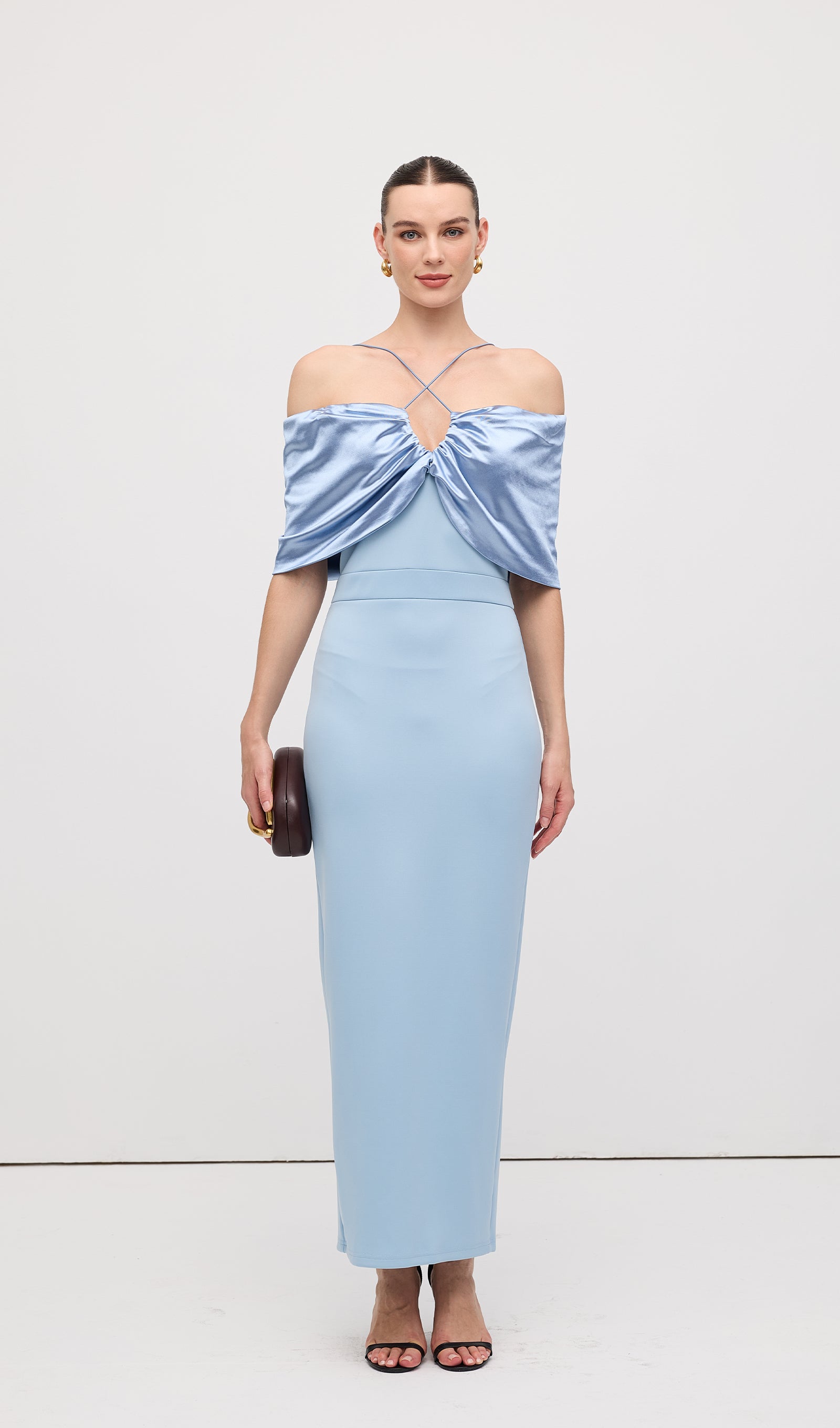 Off Shoulder Draped Satin Maxi Dress